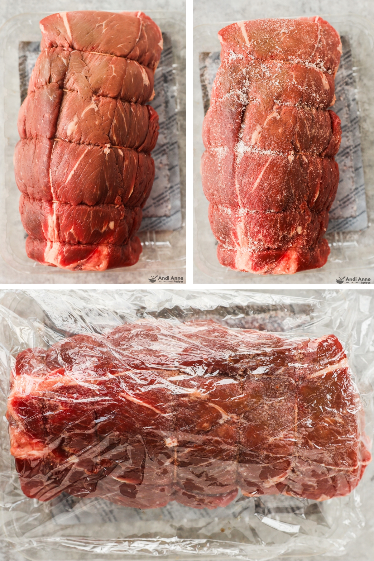 Four images, first is raw sirloin tip roast, second is sprinkled with salt, third is wrapped with plastic wrap