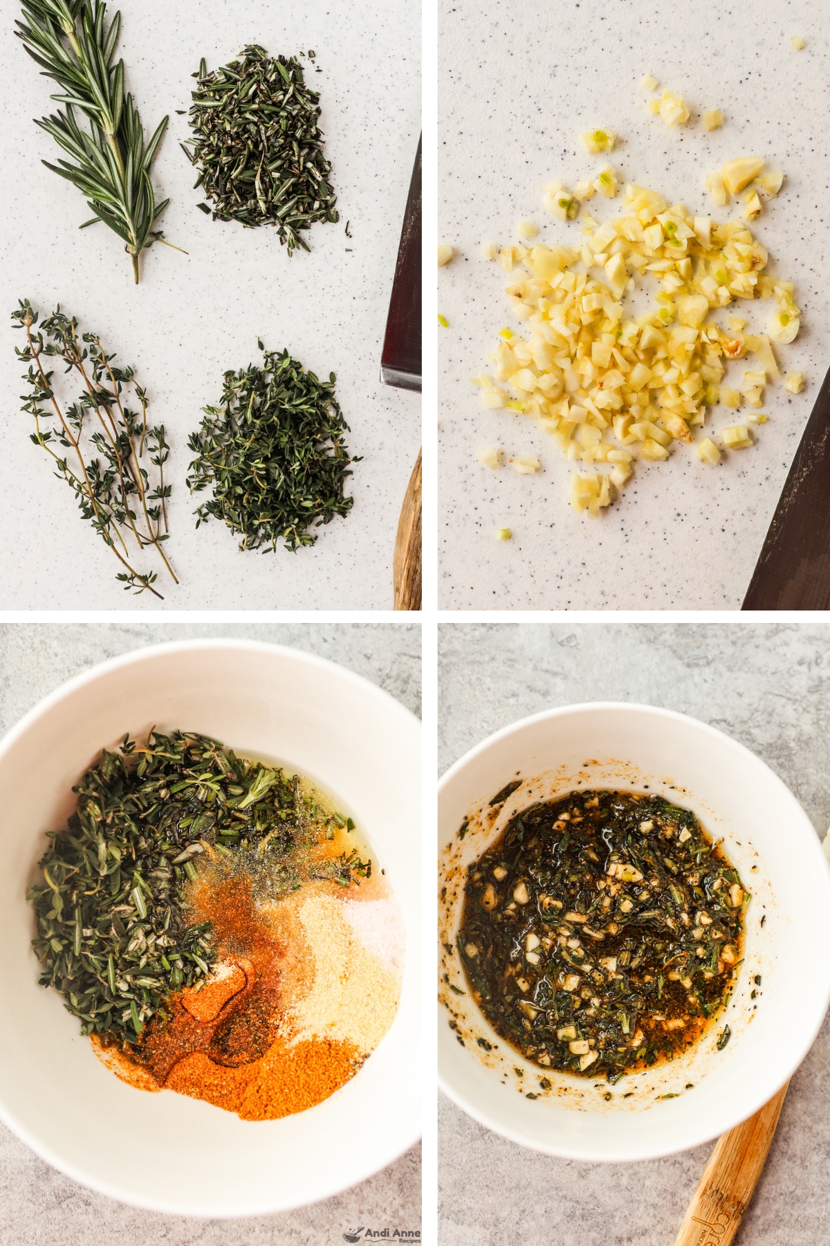 Four images grouped together, first is chopped fresh rosemary and thyme, second is chopped garlic, third is spices, herbs and oil in a bowl, fourth is all ingredients mixed in a bowl.