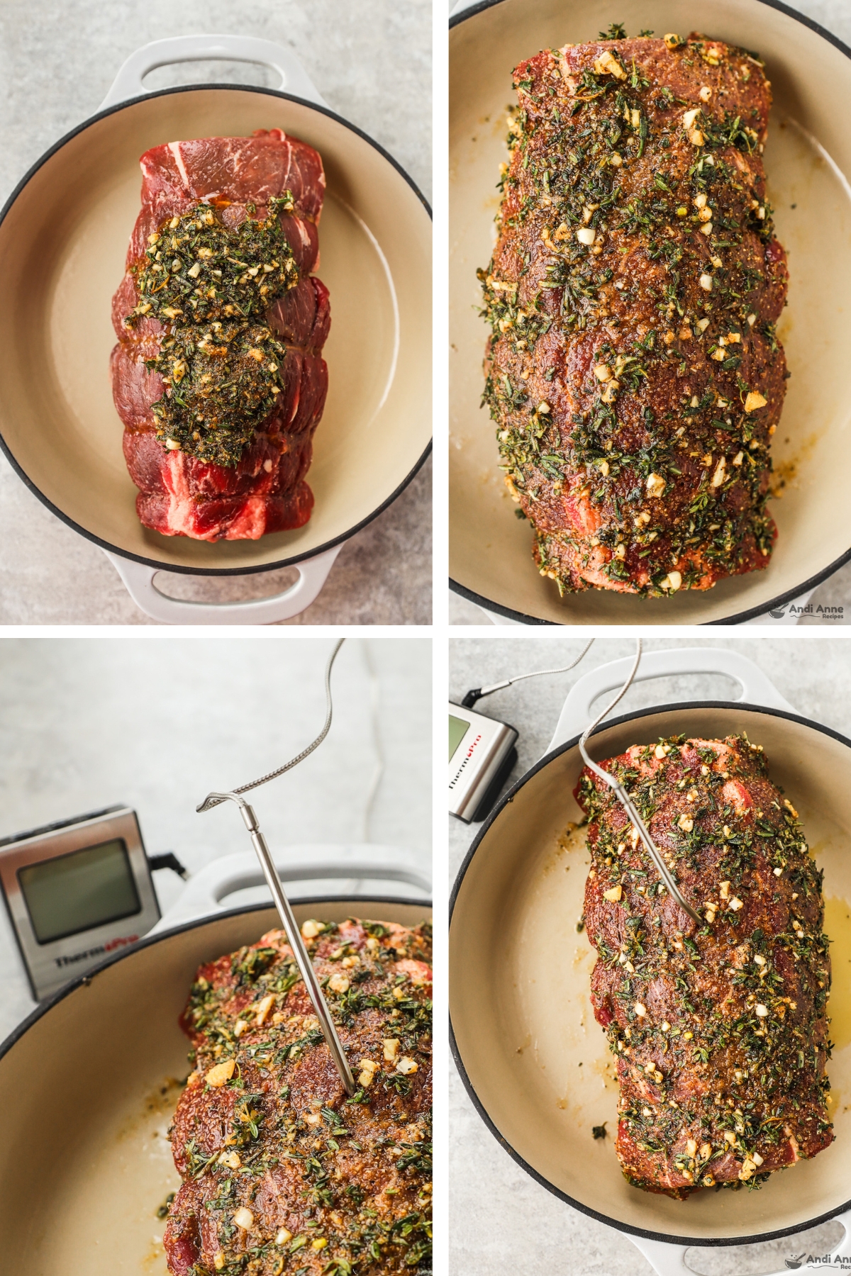 Four images grouped together, first is roast with rub mix smeared on top, second is rub mix spread over roast, third is close up of meat thermometer in roast, fourth is roast with meat thermometer in roast pot. 