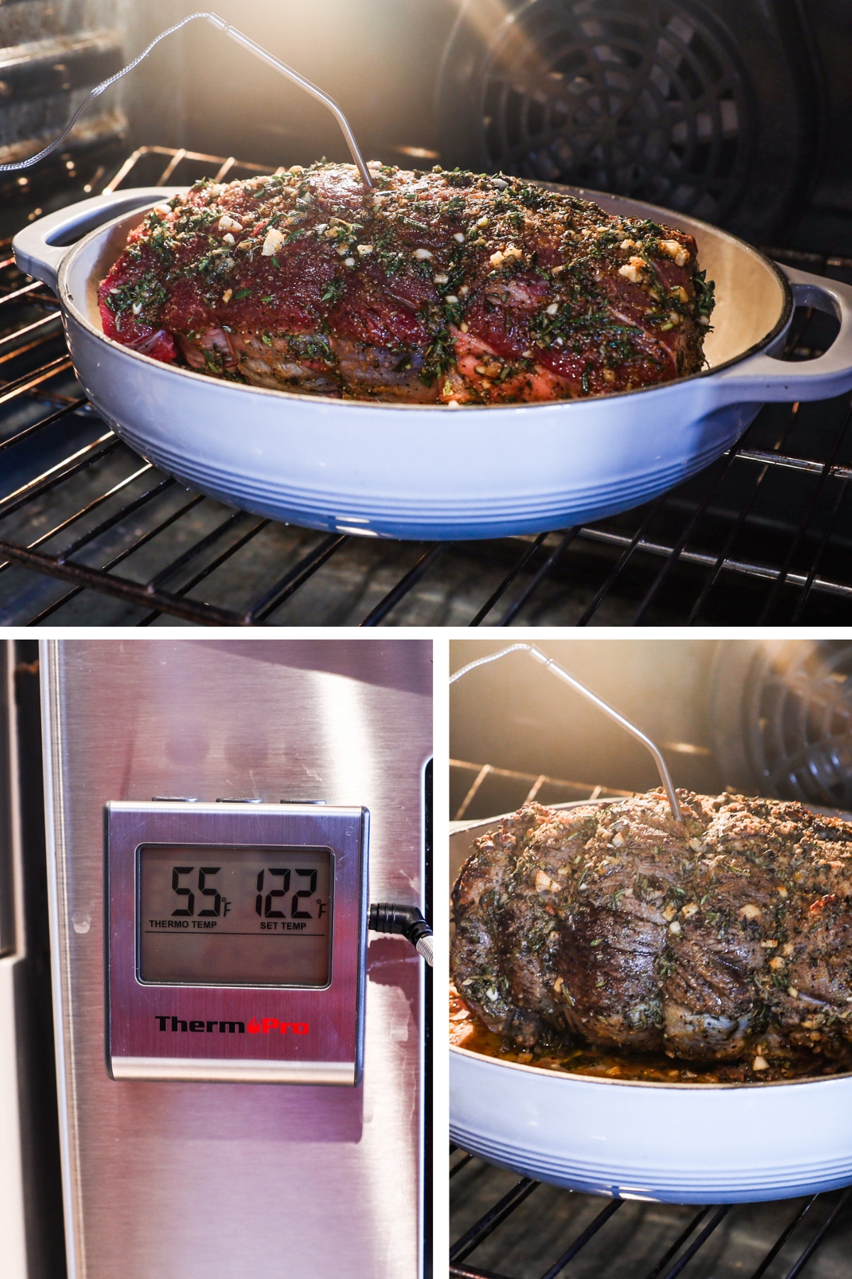 Three images grouped, first is raw sirloin tip roast in oven, second is clow up of meat thermometer, third is cooked roast in oven.