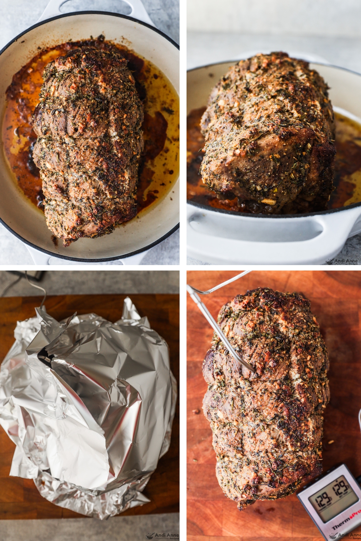 Four images of a roast, first two are roast in a pot looking over it and looking at the side, third is wrapped in foil, fourth is roast on cutting board with meat thermometer poked in.