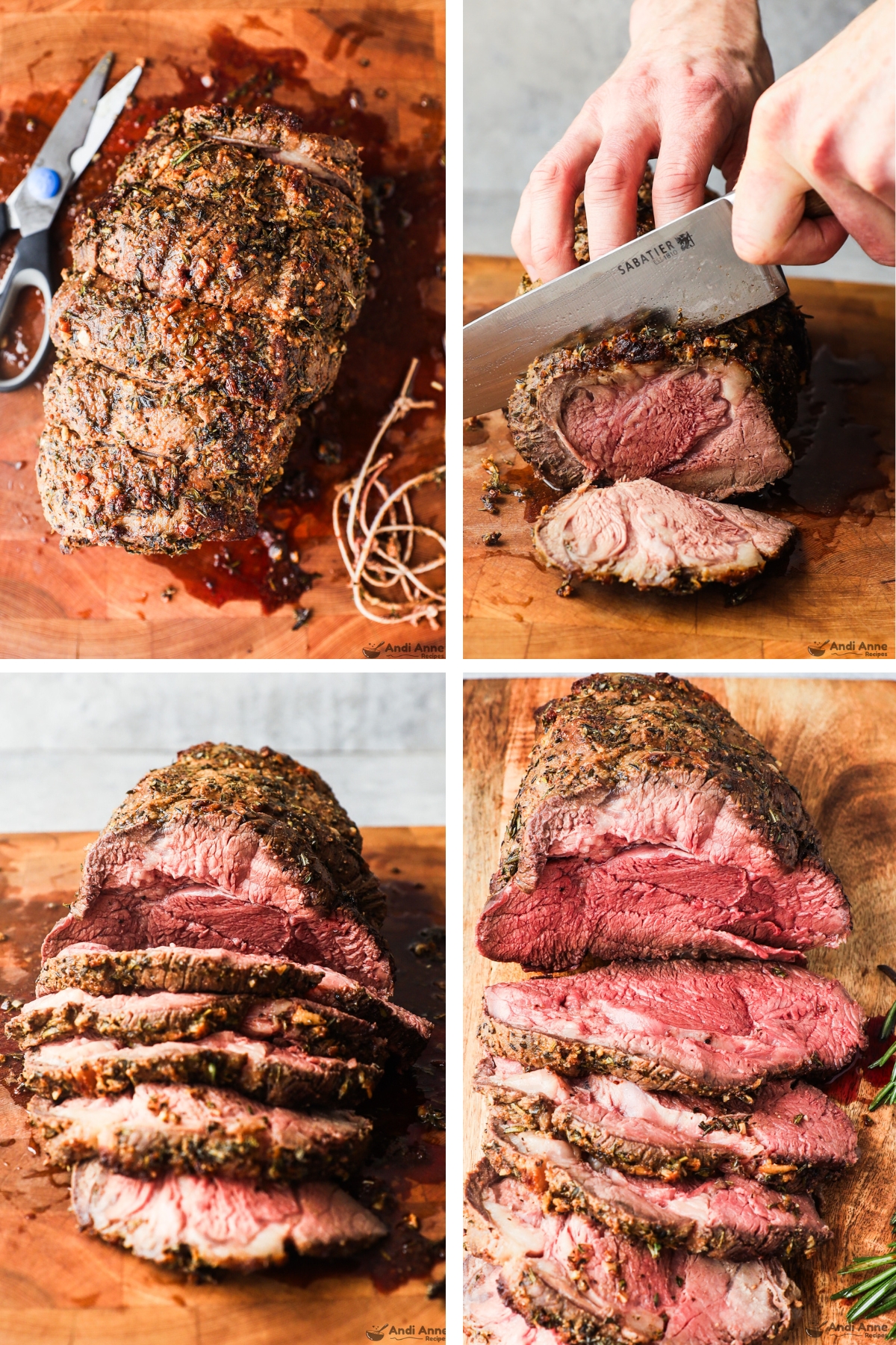 Four images grouped together, first is roast with strings cut off, second is hands slicing the roast with a knife, third is the roast with half cut into slices, fourth is looking down at the roast with slices cut out of half