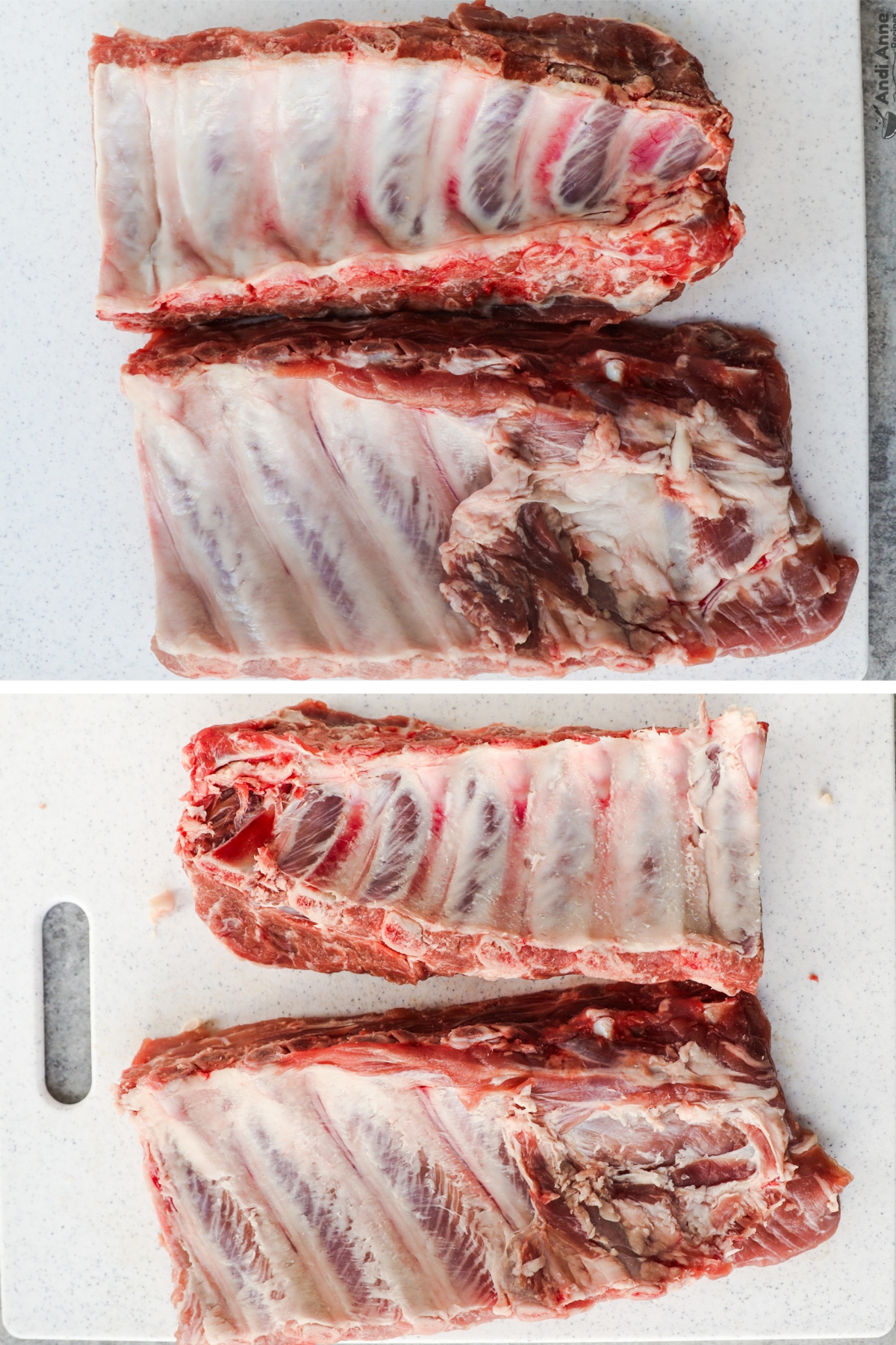 Two images of pork ribs raw, first with membrane, second with membrane removed