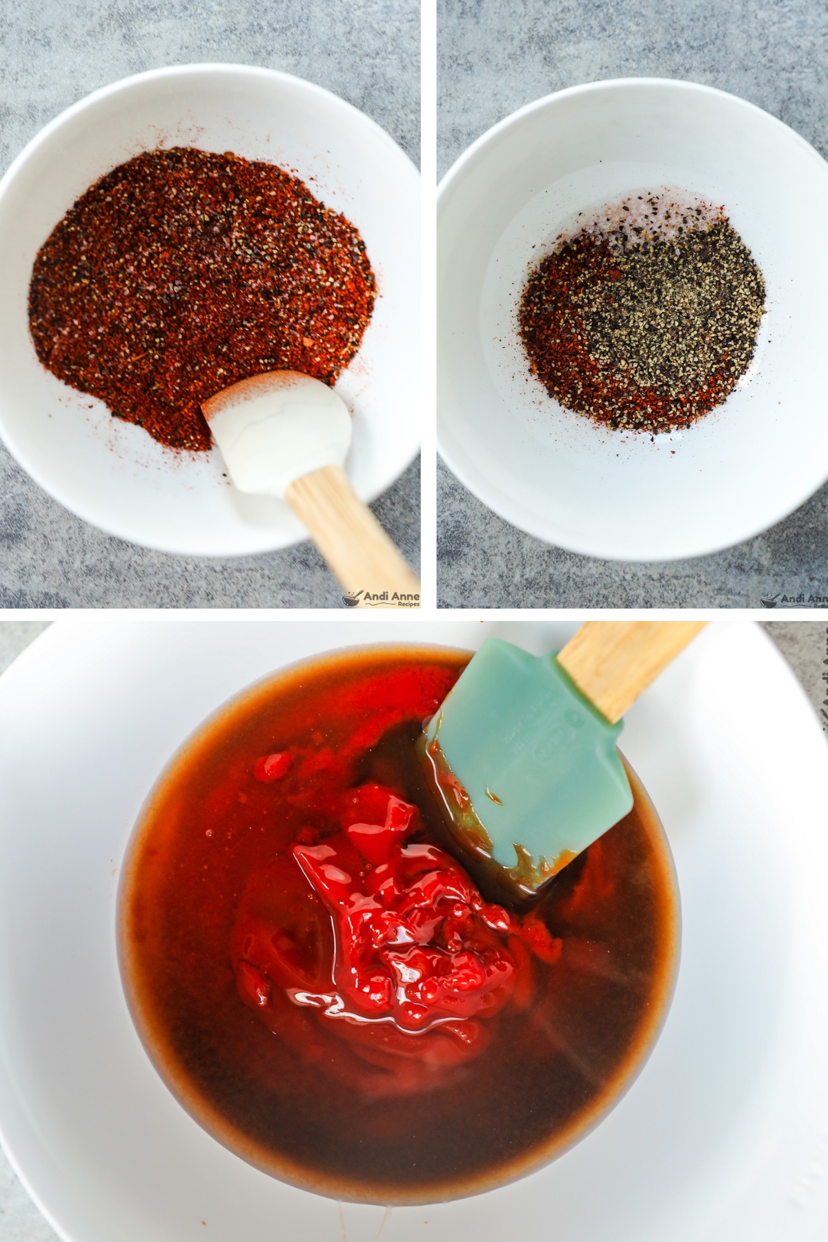 Three images of a bowl, first two spices, second with sauce ingredients dumped in