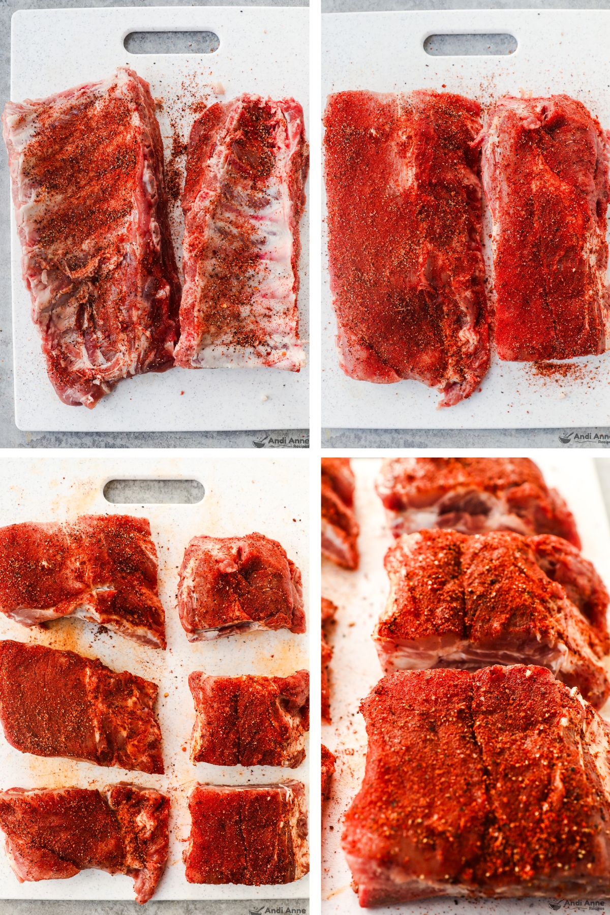 Four images grouped of raw pork ribs rubbed with dry rub, then sliced into two-section pieces