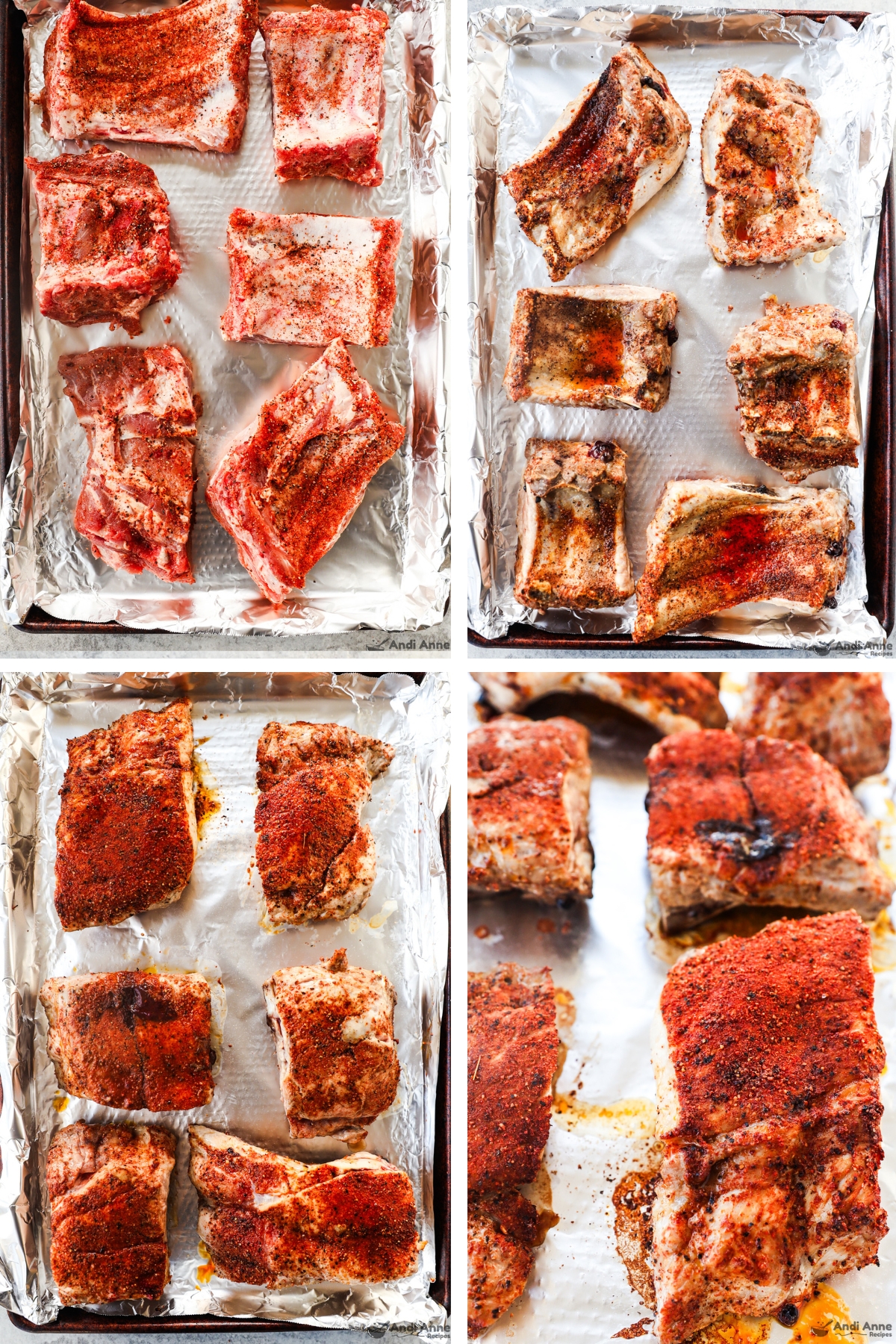 Four images grouped of pork ribs with spice mix rubbed all over, in various stages of cooking while broiling.