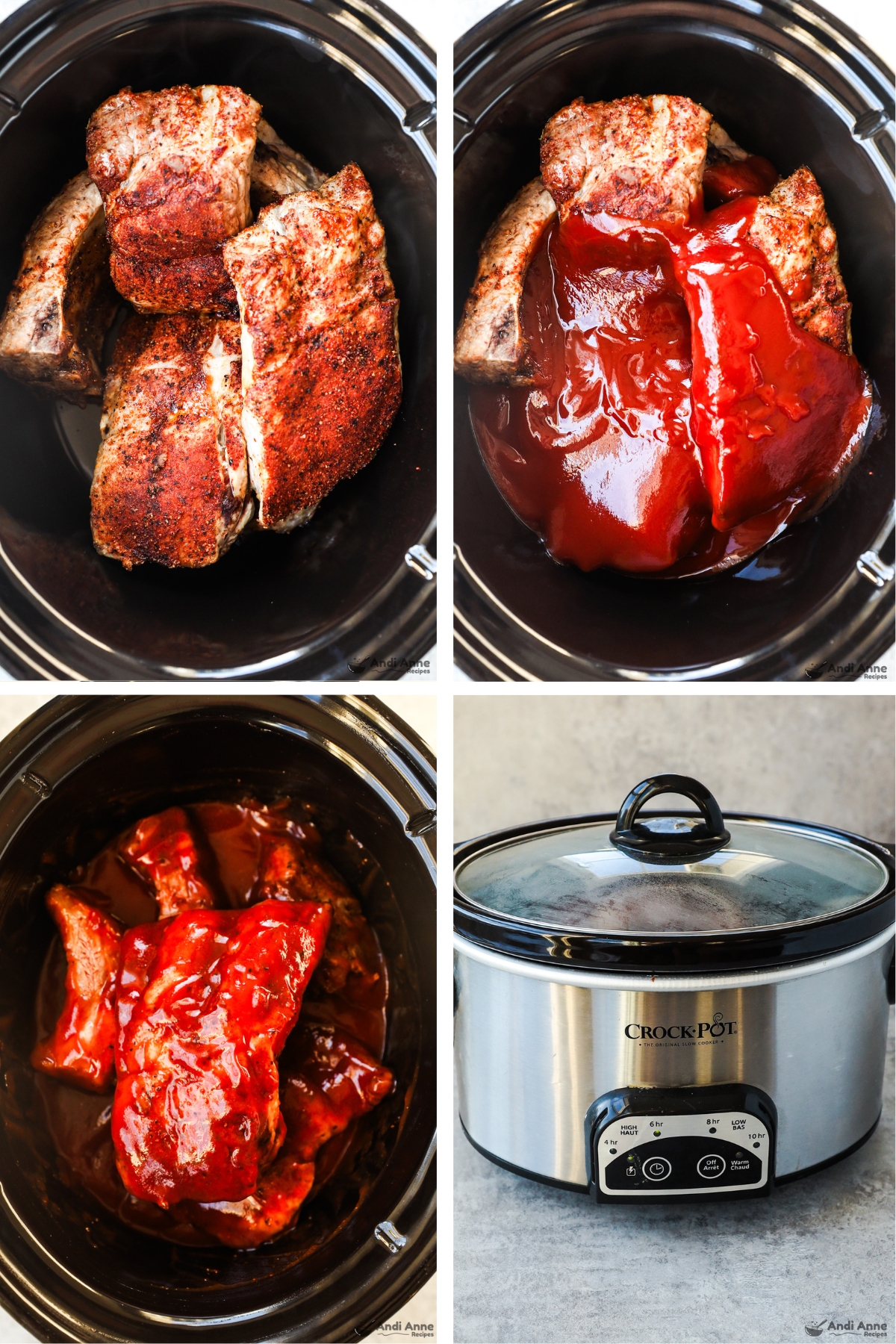 Four images of a crockpot with ribs dumped in, then sauce dumped overtop, then sauce mixed together with ribs to coat.