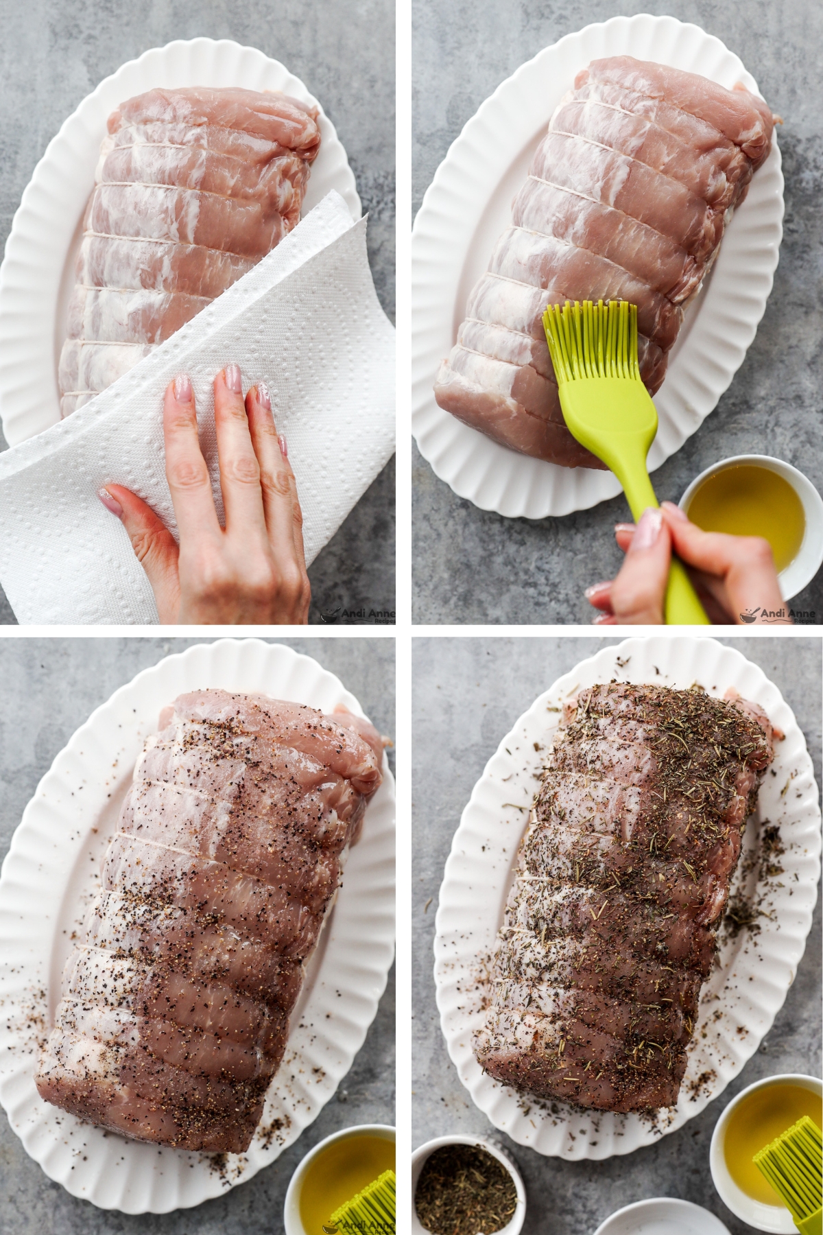 Four images grouped of raw pork loin roast, first with paper towel, second brushing with oil, third and fourth seasoning with salt and pepper