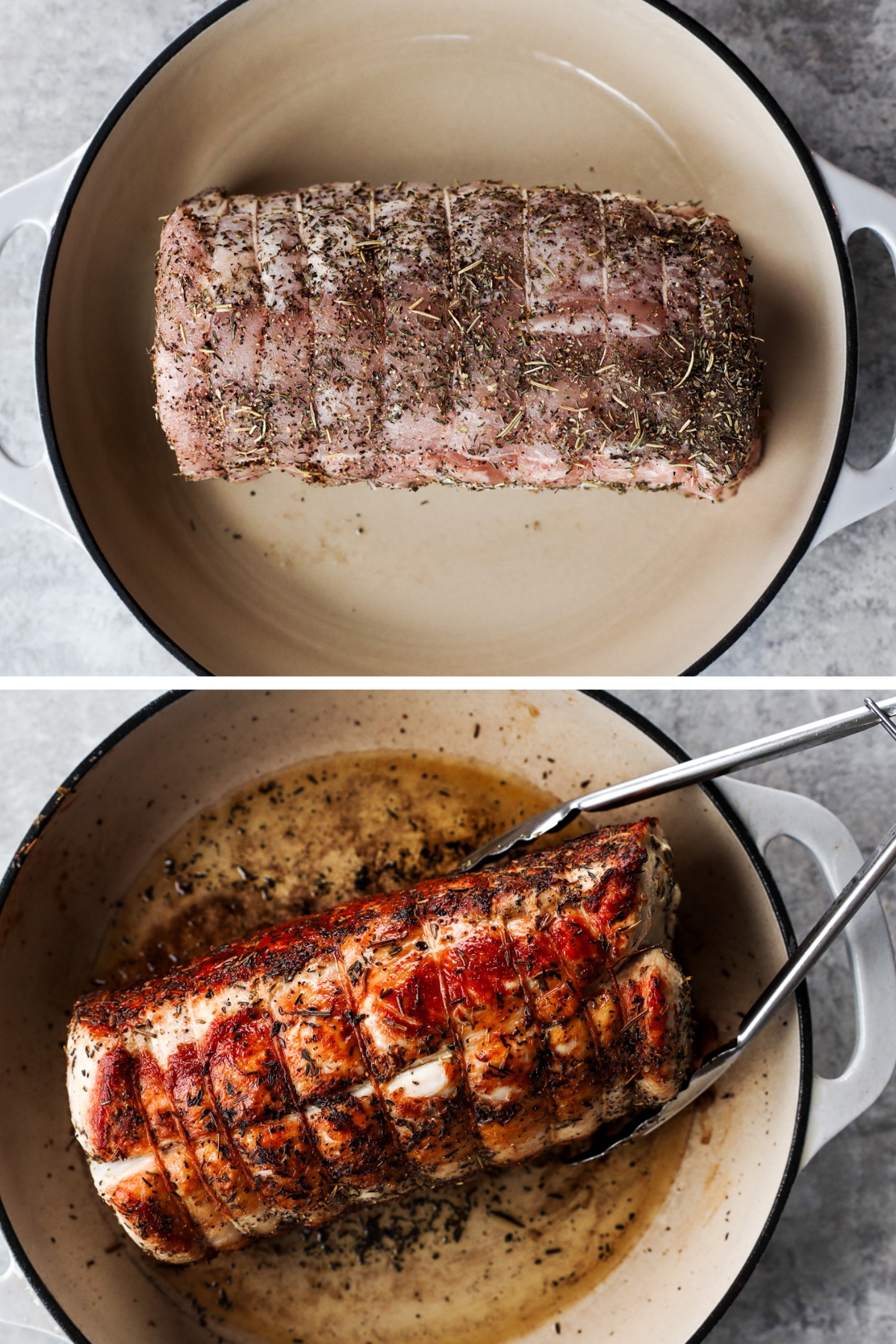 two images of pork loin roast in pot, first raw, second seared