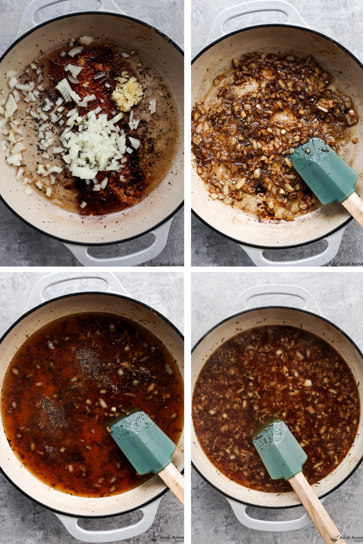 four images grouped of a pot, first two are chopped onions and garlic uncooked then cooked, last two have broth added and reduced