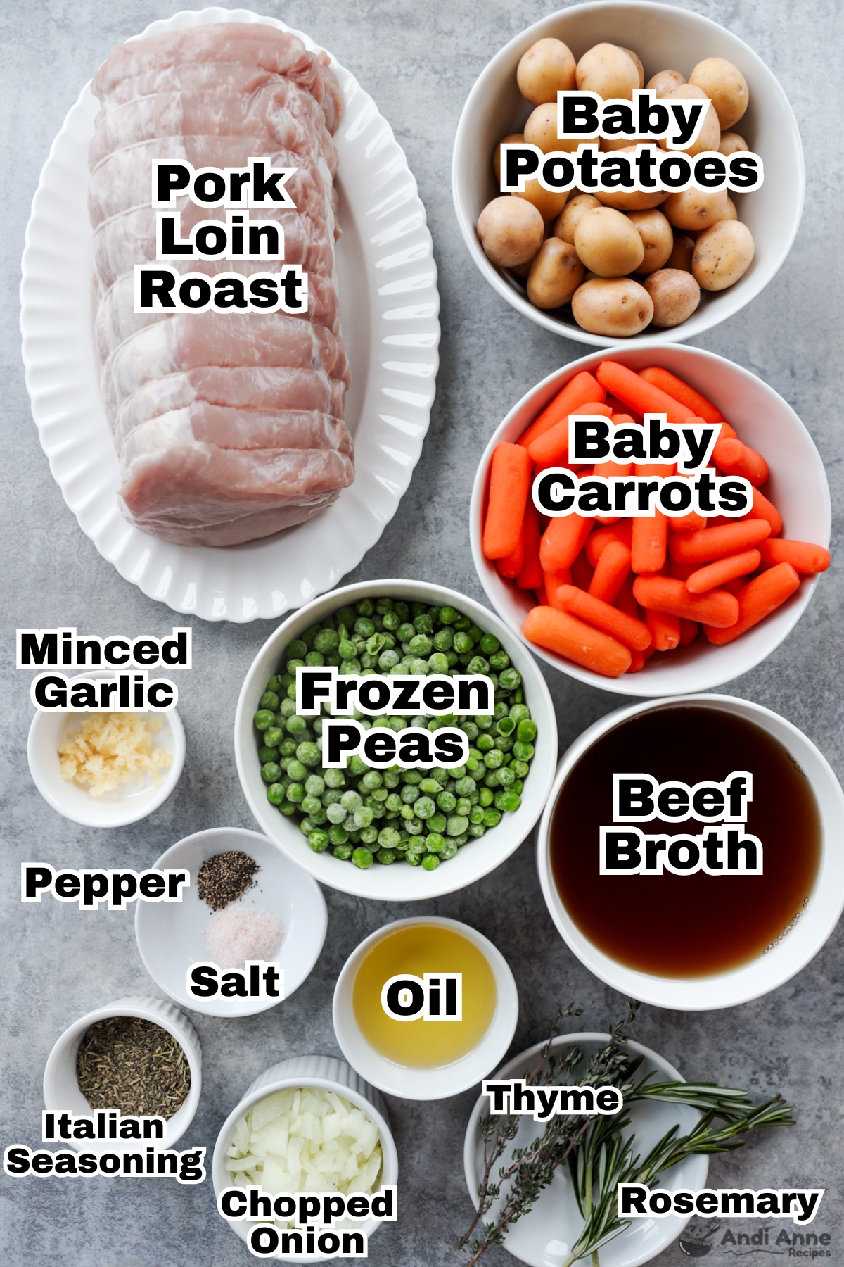 recipe ingredients in bowls including raw pork loin roast, potatoes, baby carrots, frozen peas, beef broth, minced garlic, oil and spices