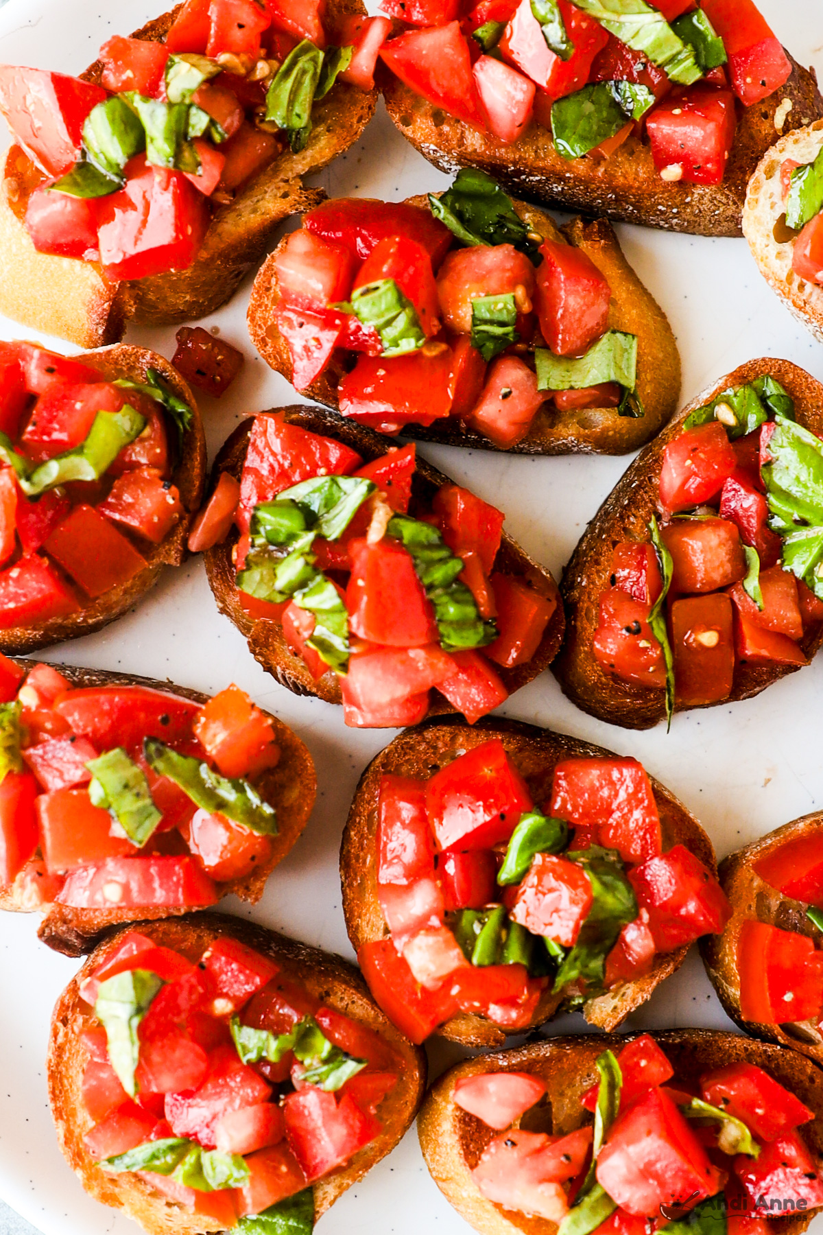 Slices of toasted baguette topped with tomatoes and basil