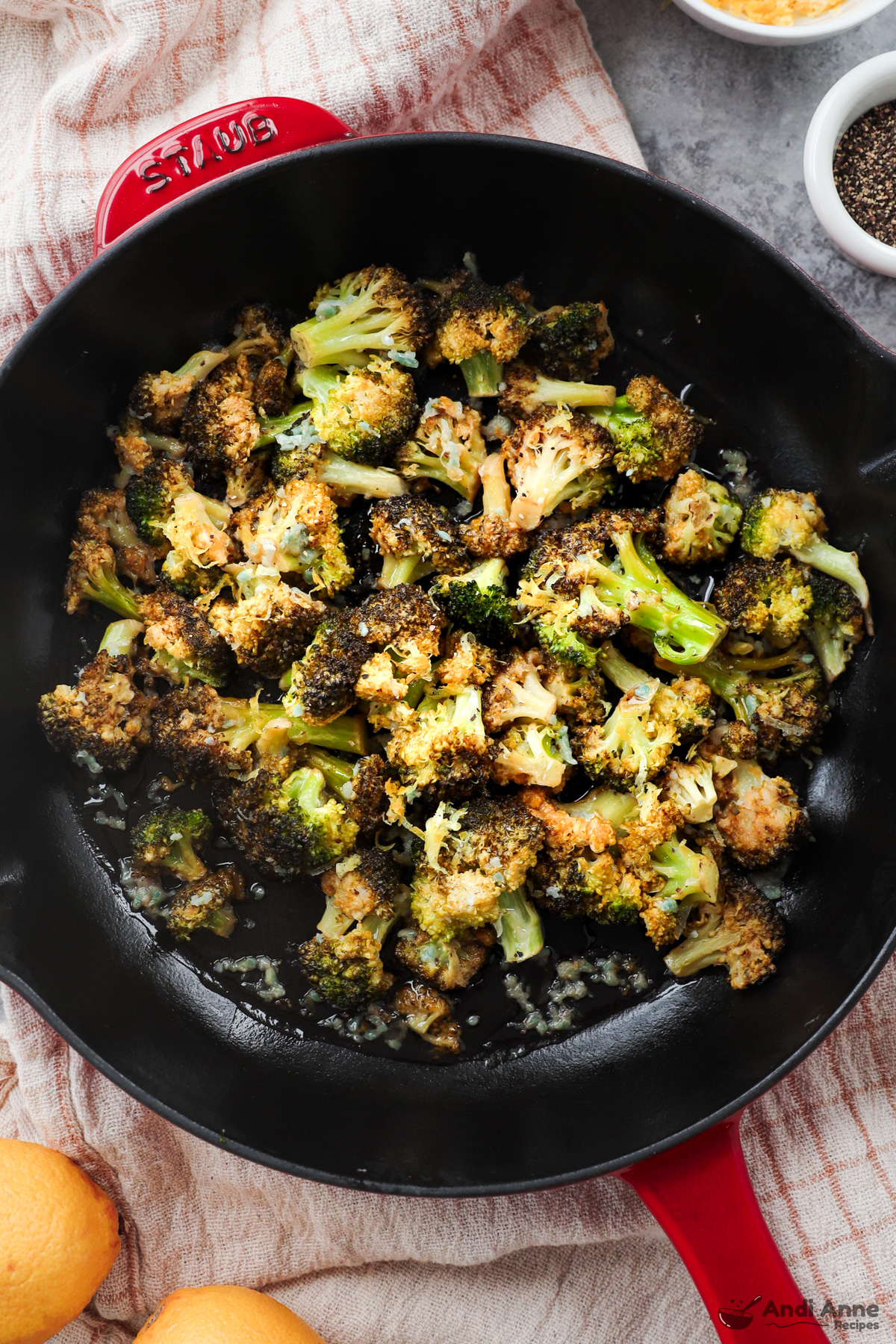 Frying pan with lemon garlic broccoli inside