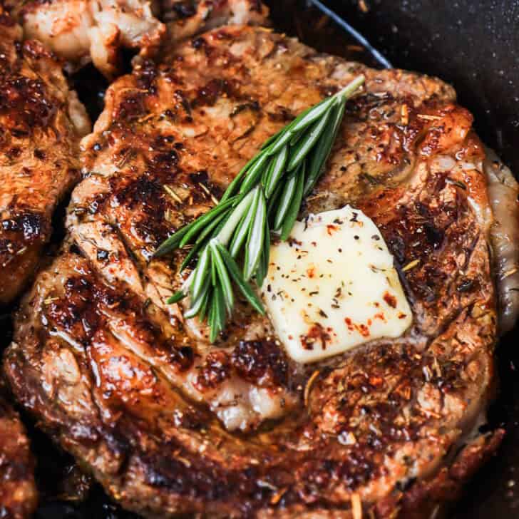 View of Perfect Pan Seared Ribeye Steak