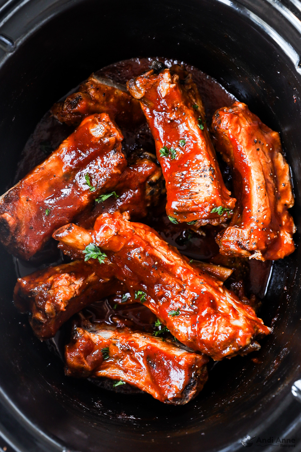 Close up of barbecue ribs in slow cooker