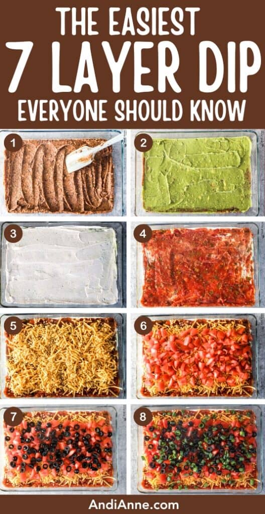 Different layers of a 7 layer dip grouped together, all in a casserole dish