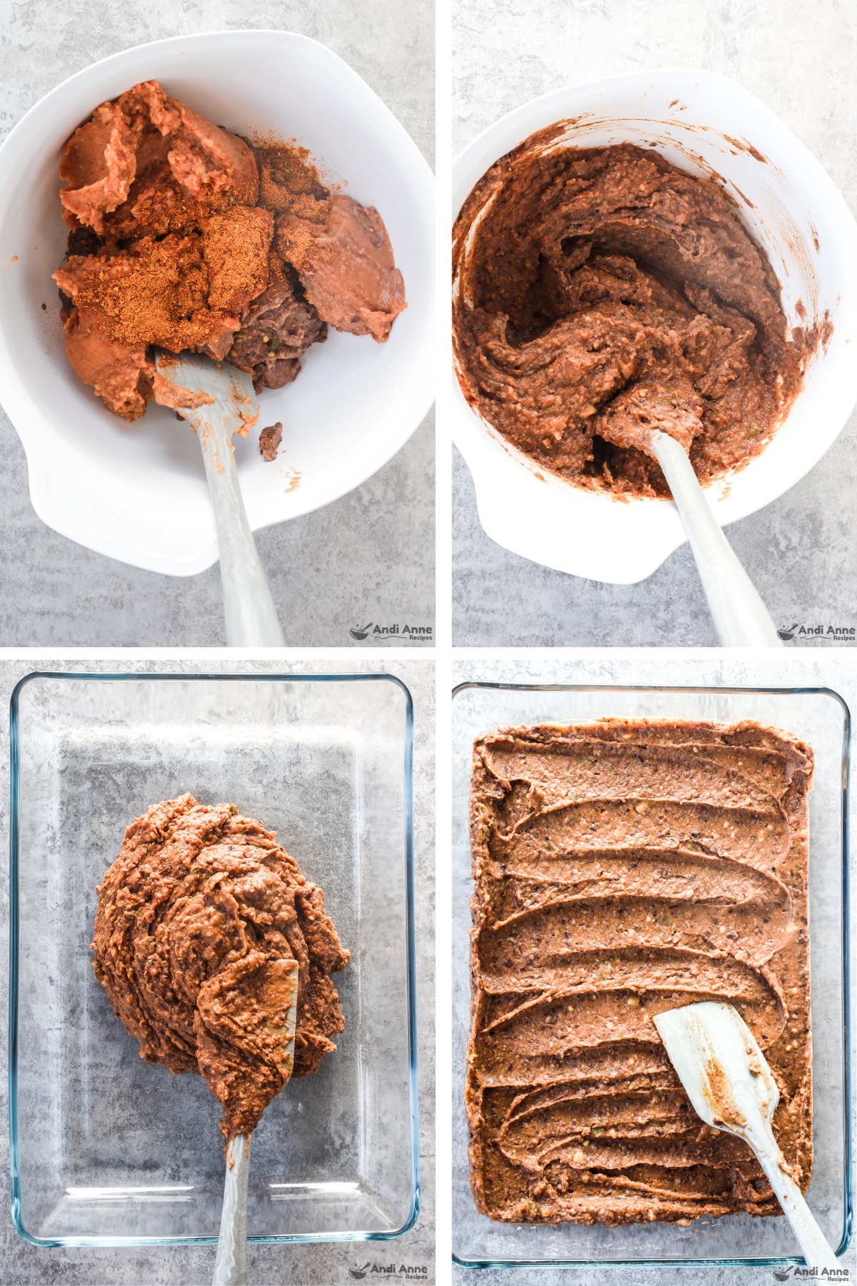 Four images grouped, first two of refried beans and taco seasoning unmixed then mixed, Last two of a casserole dish with refried beans dumped in then spread in a layer over casserole