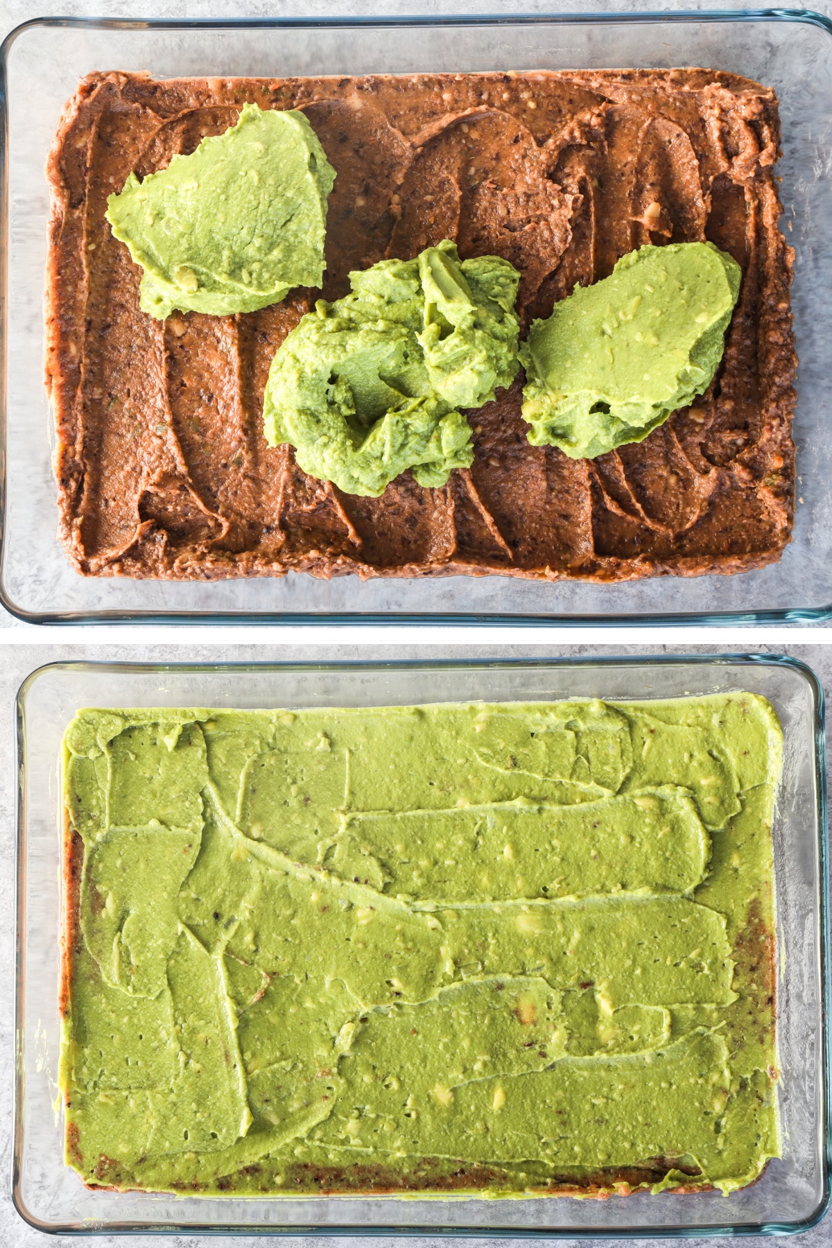 Two images of casserole dish, first with refried beans layer and dollops of guacamole dumped on top, second with guacamole spread into layer