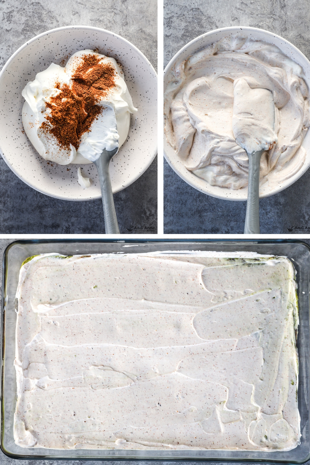 Three images grouped, first two of bowl with sour cream and taco seasoning, first unmixed then mixed, Last is layer of sour cream in casserole dish.