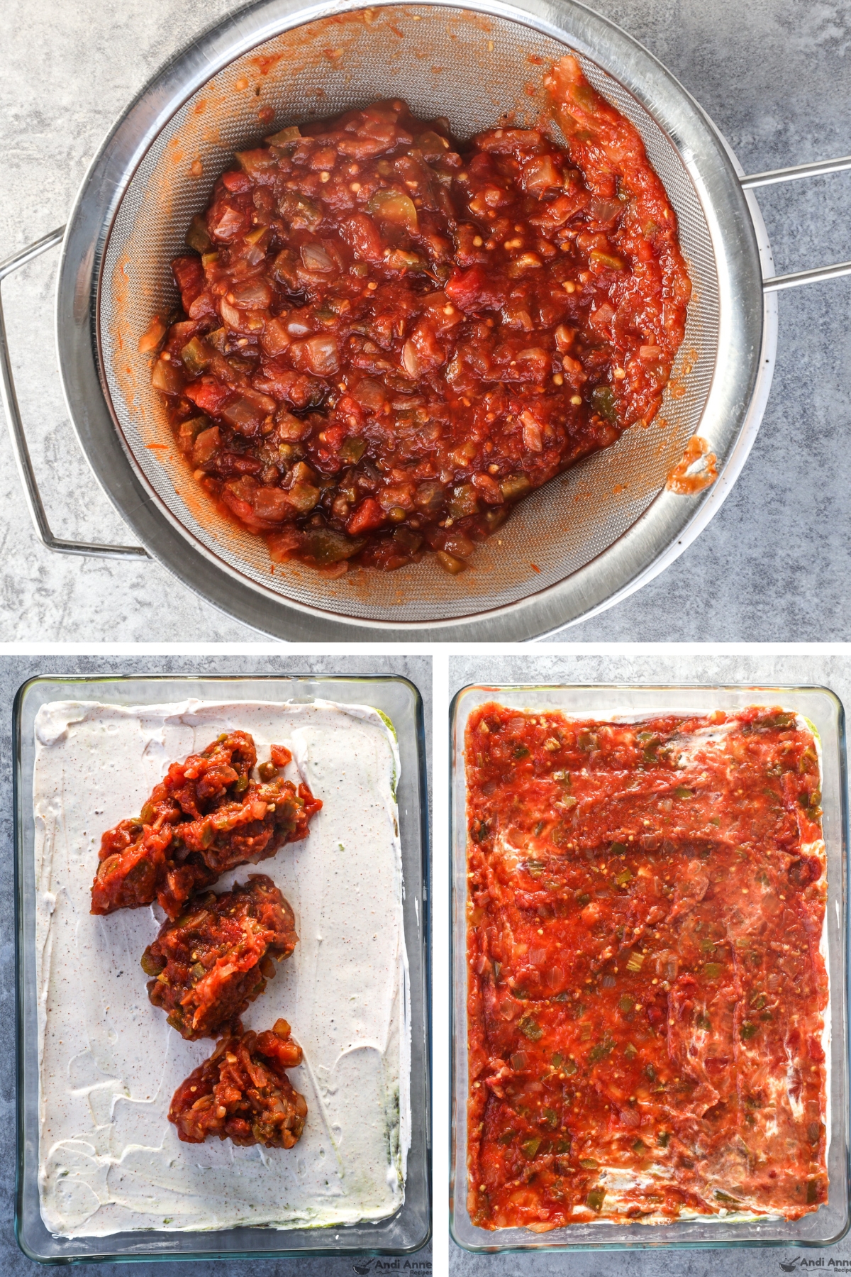 Three images grouped together, first is fine mesh strainer with salsa dumped in, Second is dollops of salsa dumped over casserole with sour cream layer, last is salsa spread evenly over sour cream layer