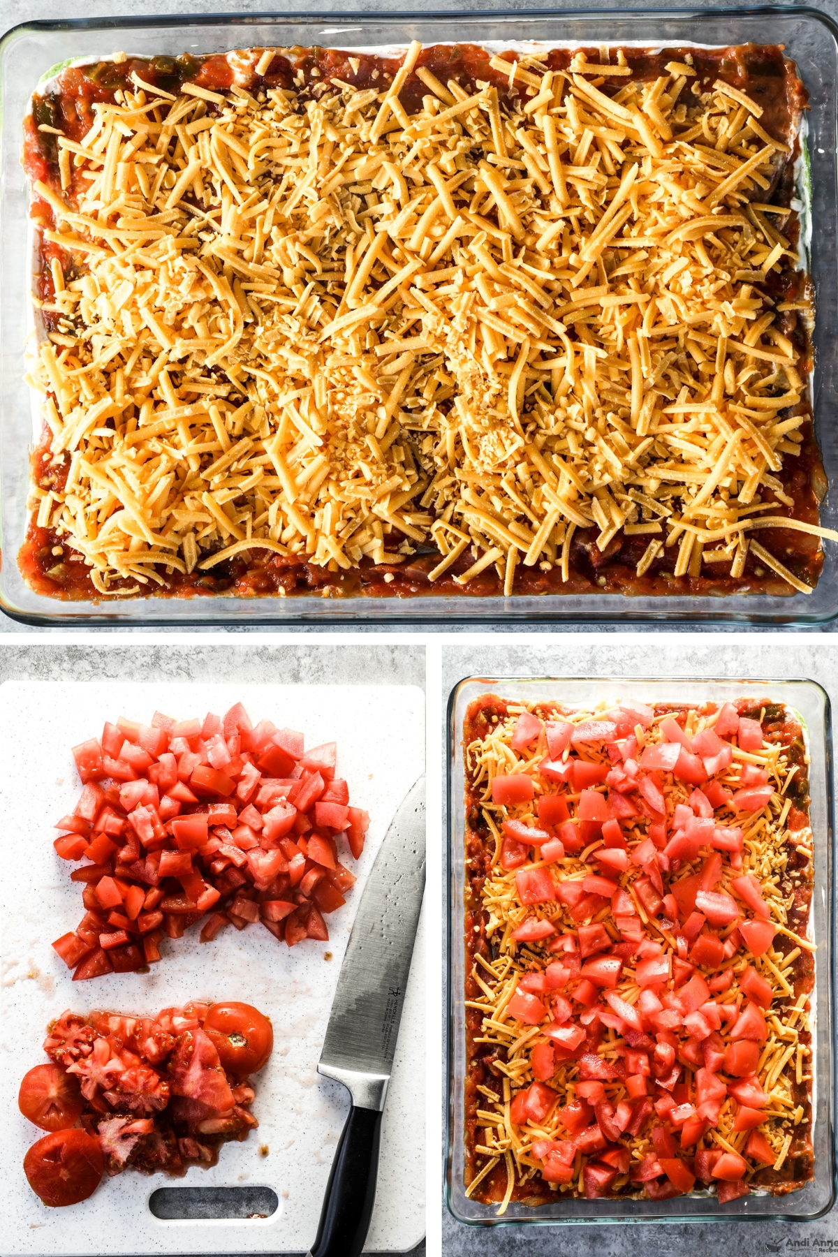 Three images grouped, first is shredded cheese in casserole dish for 7 layer dip, second is chopped roma tomatoes with seeds removed, last is chopped tomatoes over shredded cheese, salsa and sour cream layers in 7 layer dip