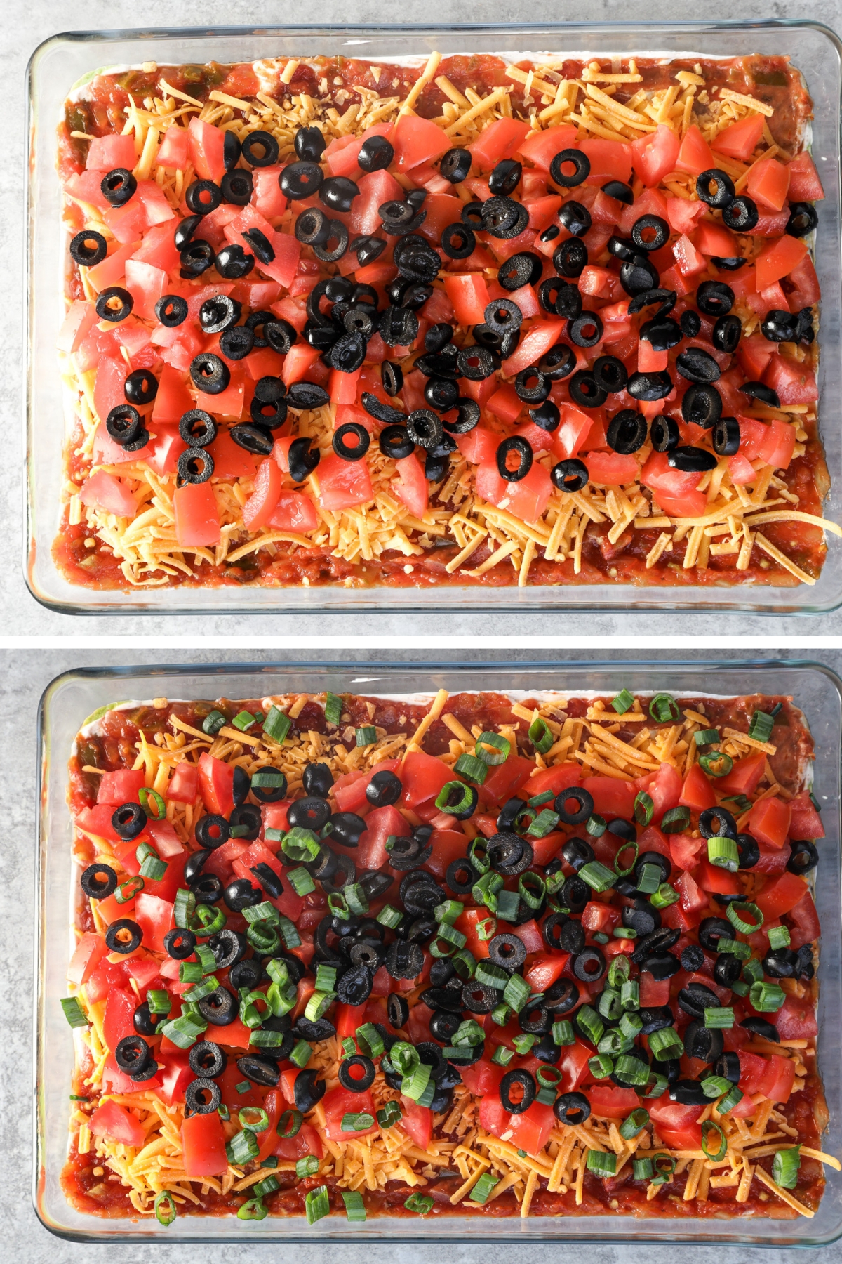 Two images of casserole dish, first with chopped tomatoes, olives, shredded cheese and salsa layers, second image with chopped green onion on top