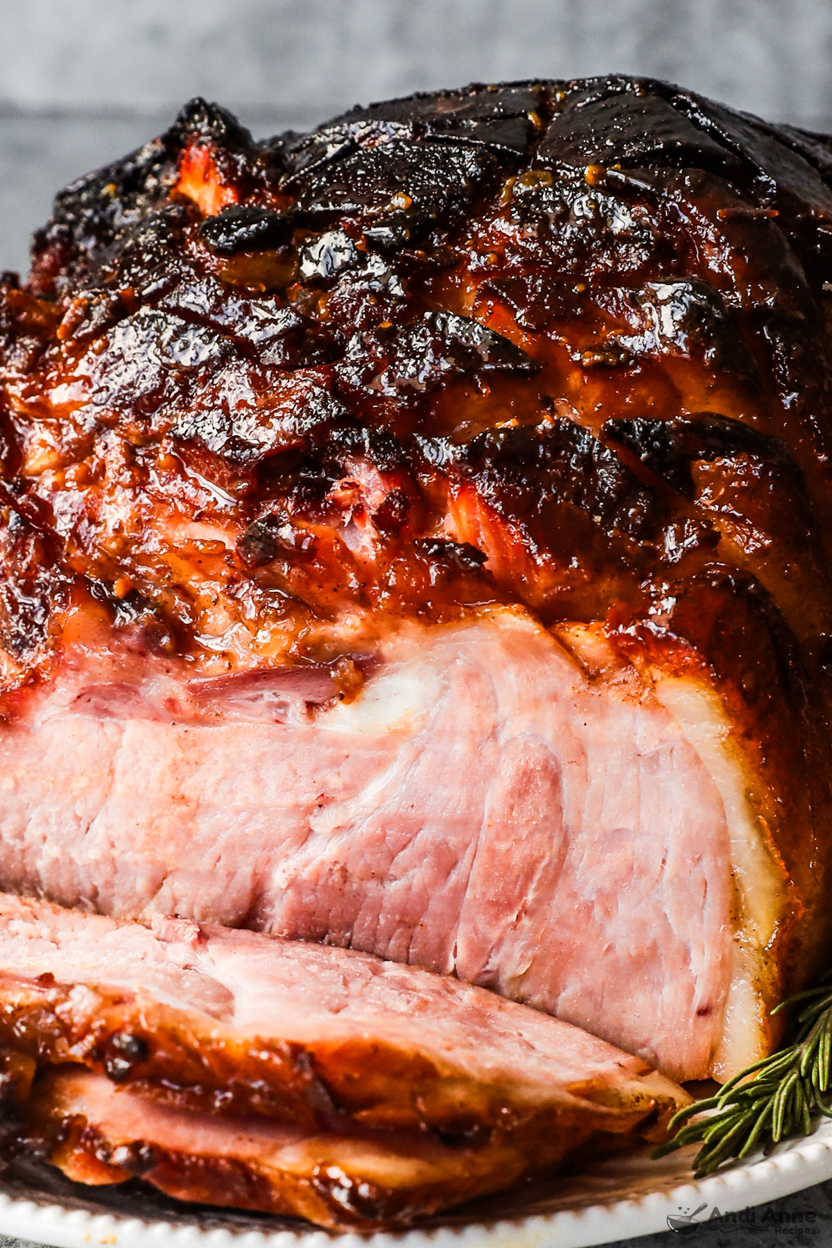 Close up of sliced brown sugar glazed ham