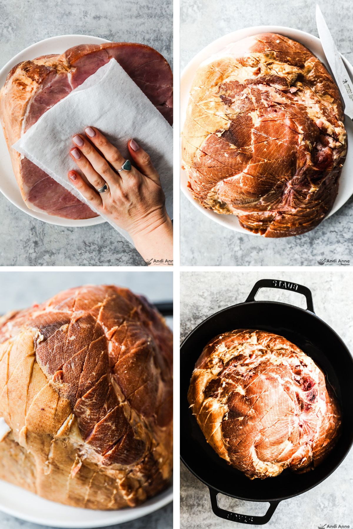 Four images grouped, first is had with paper towel over ham, second and third is ham surface raw with diamond shapes sliced into it, last image is ham face down in a pan