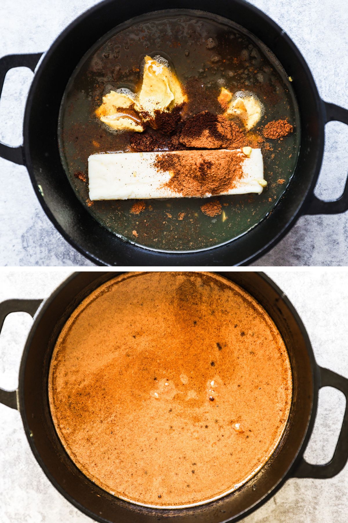 Two images of a pot, first with butter, cinnamon and liquid dumped in, second everything mixed together to form a glaze.