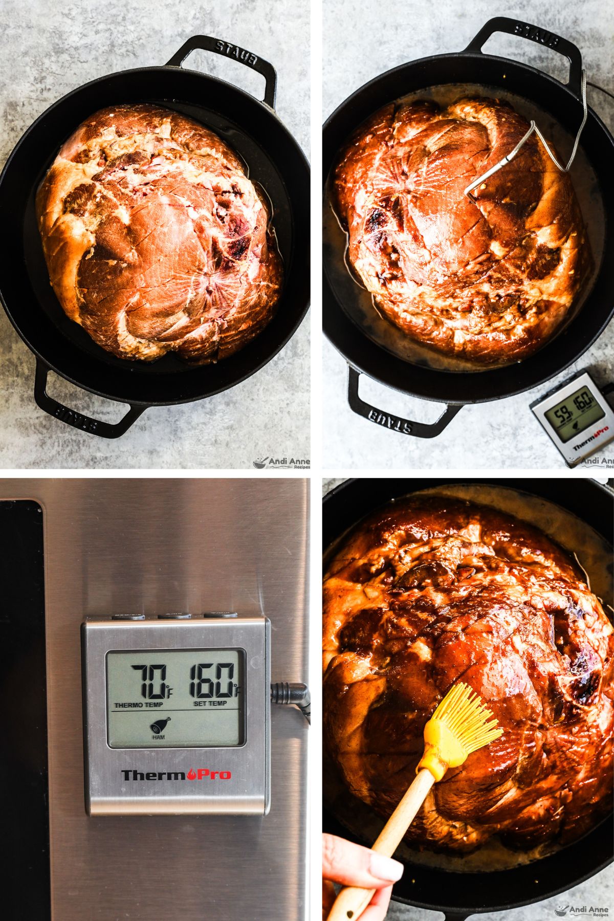 Four images grouped, first is ham in black pan, second has meat thermometer poking into ham, third is close up of meat thermometer, fourth is silicone brush over ham