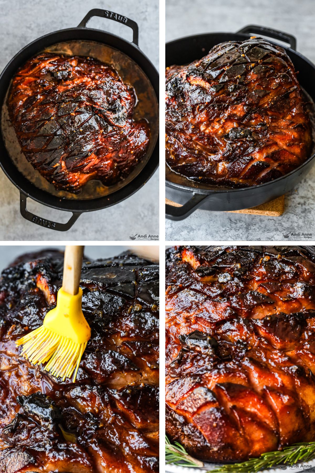 Four images of a glazed ham with diamond shapes cut into it, the skin has darkened and is glistening with glaze over top