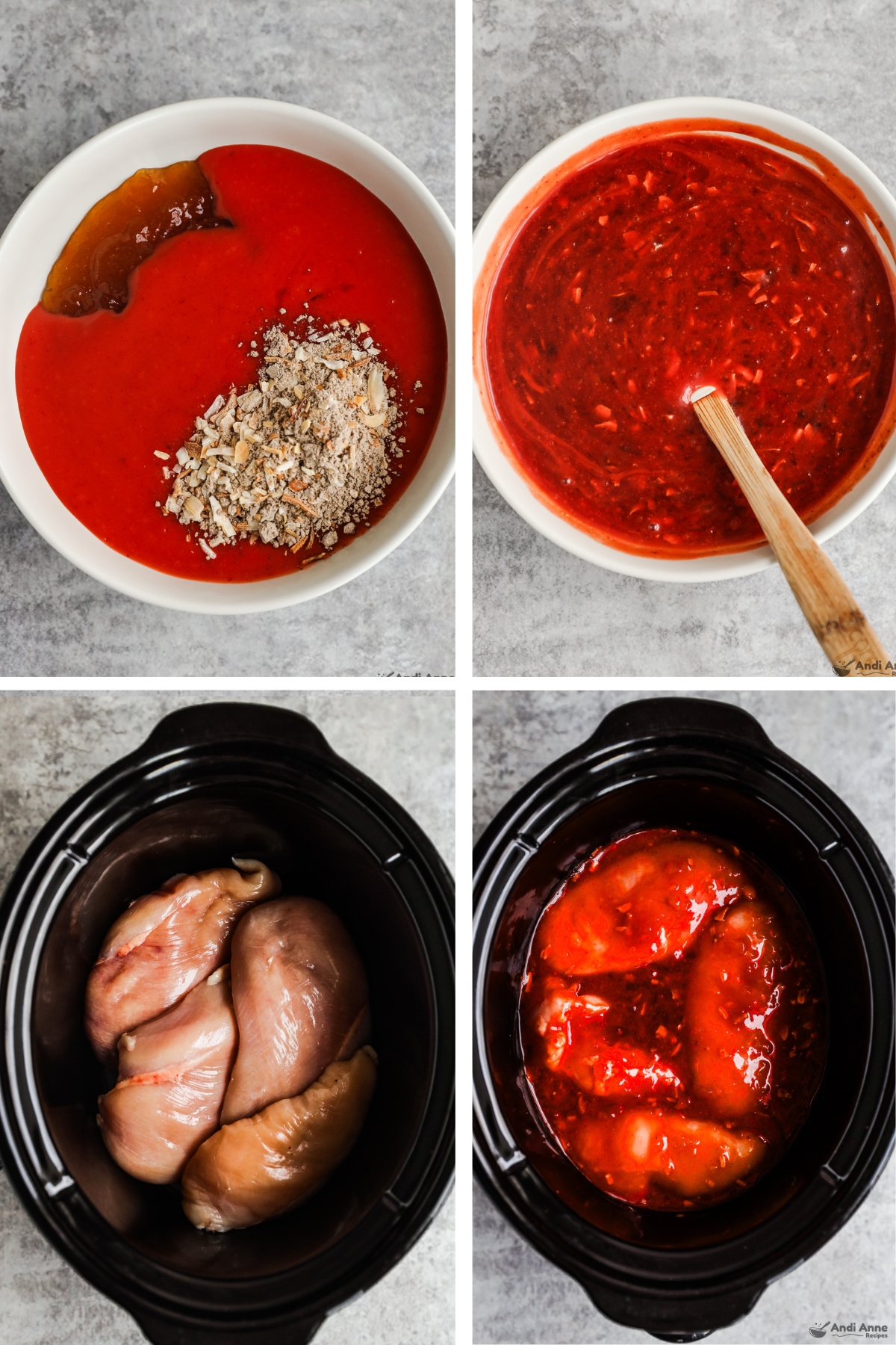 Four images grouped, first two ofa bowl with red dressing, jam and onion soup mix dumped in, second mixed together, third is raw chicken breasts in slow cooker, fourth is red sauce poured over chicken