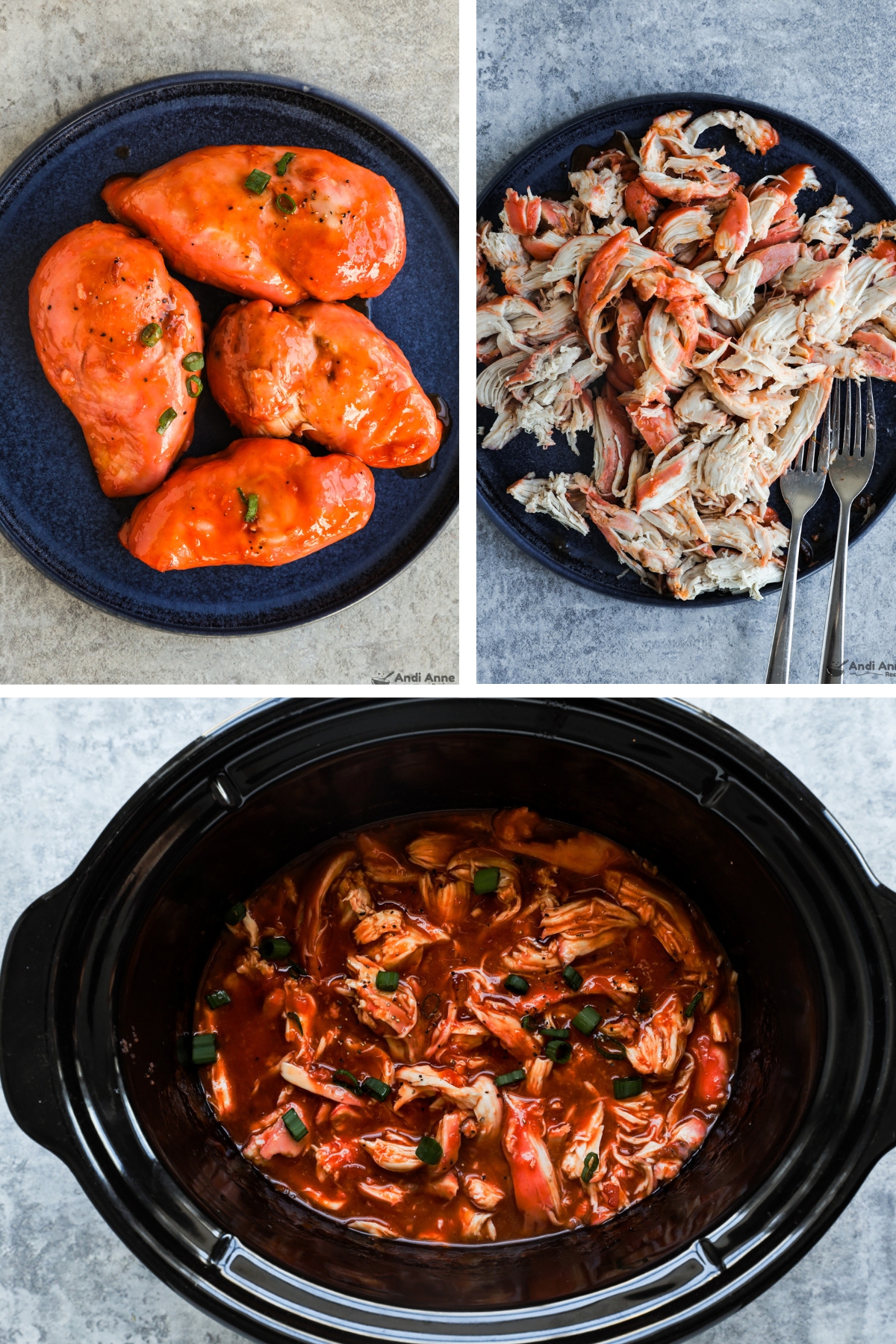 Three images grouped, first is chicken breasts covered in sauce, second is shredded chicken, third is shredded chicken in catalina sauce in slow cooker.