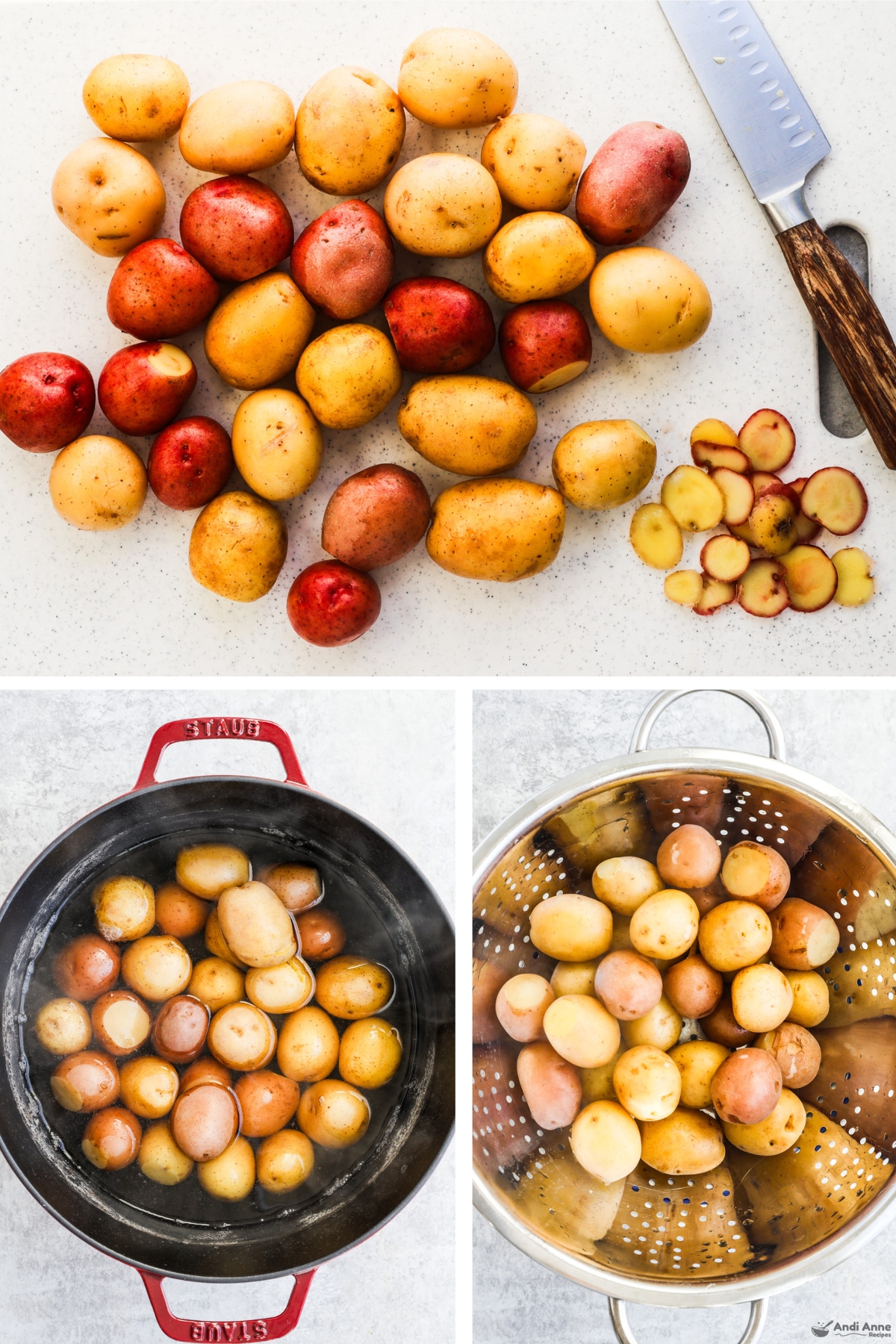 Three images grouped, first is baby potatoes and knife, second is potatoes in pot of water, third is potatoes in strainer