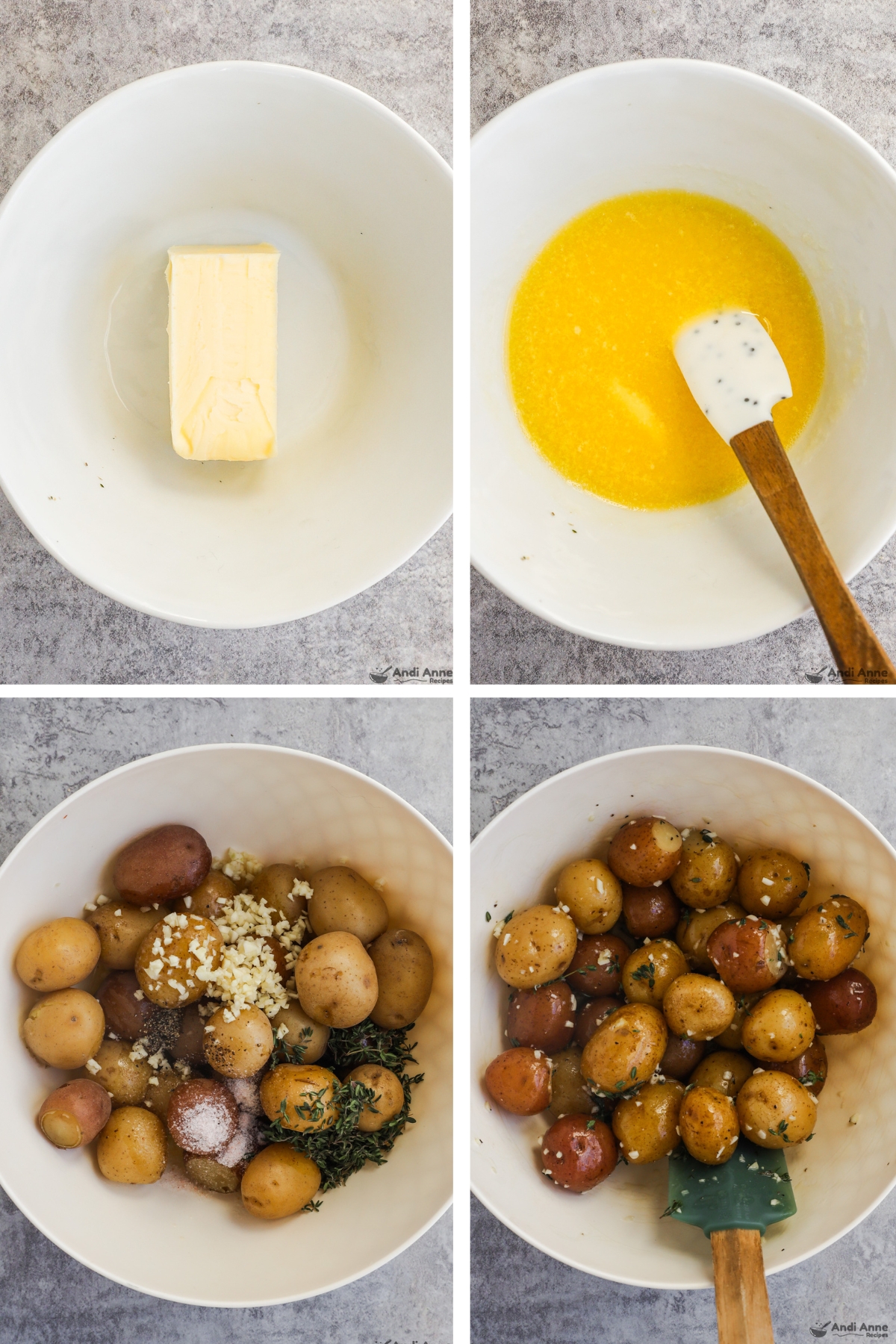 Four images grouped, first is stick of butter in bowl, second is melted butter in bowl, third is baby potatoes with melted butter, garlic and thyme dumped in then tossed together.