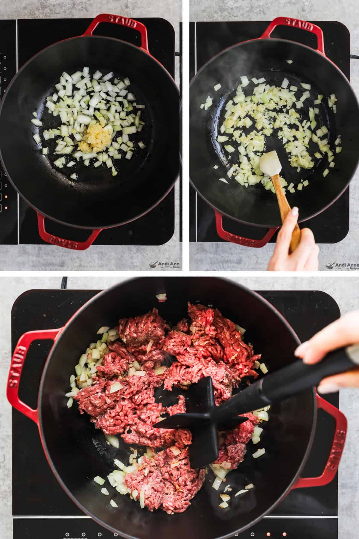 Three images of a pot, first with chopped onion and garlic dumped in, second with it cooked, third with raw ground beef being mixed in