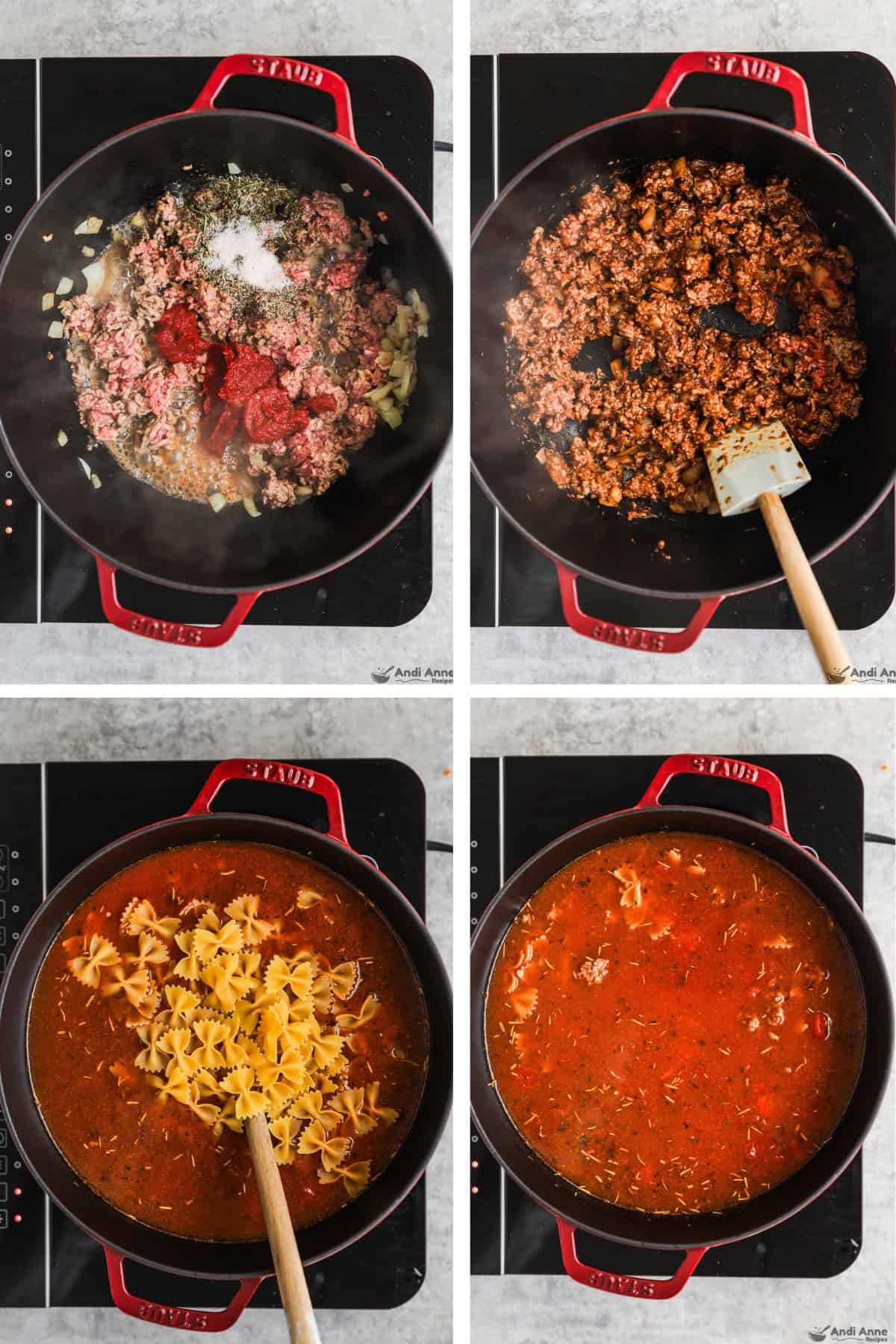 Four images grouped, first with ground beef cooked and crumbled with tomato paste and spices dumped on top, second with ingredients mixed, third with tomato sauce and pasta poured in, fourth with everything stirred