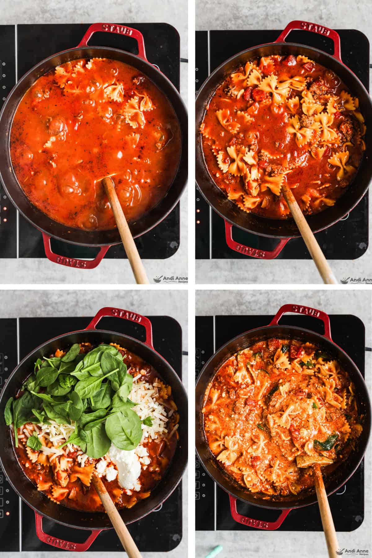 Four images grouped, first tomato sauce and pasta uncooked, second pasta has cooked and sauce reduced, third with spinach and cheeses dumped on top, fourth with ingredients mixed