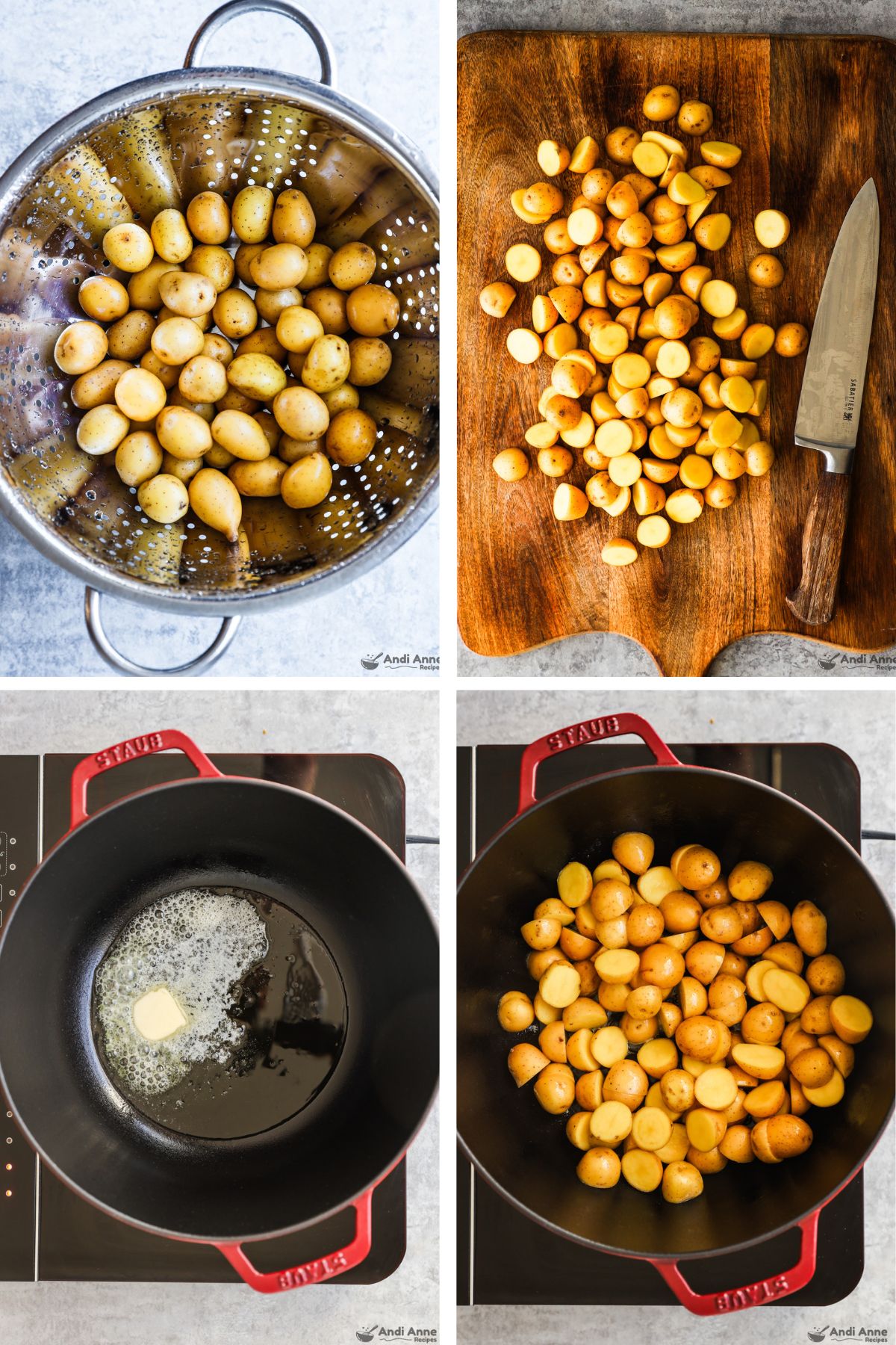 Four images grouped, first is baby potatoes in strainer, second is sliced potatoes on cutting board, third is melted butter in pot, fourth is chopped potatoes in pot