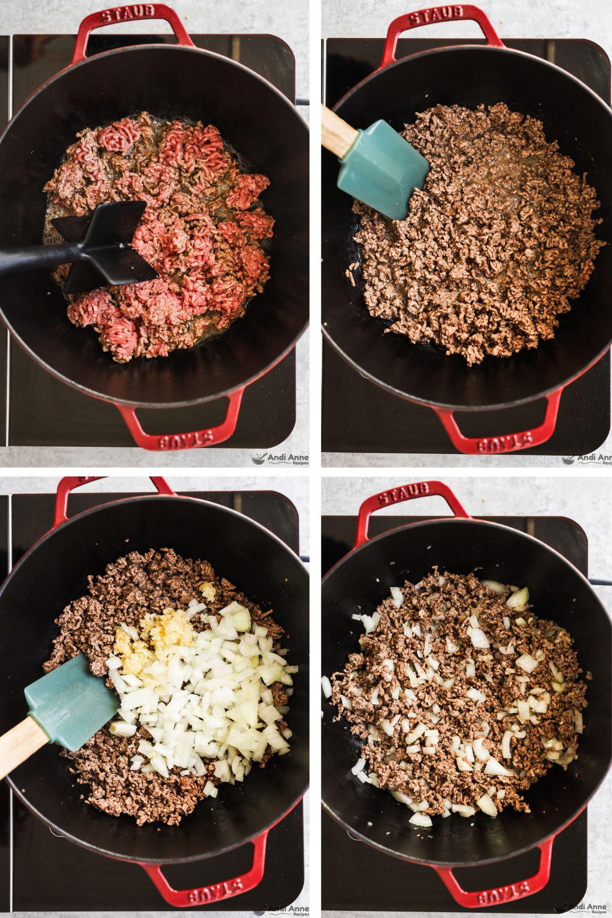 Four images grouped first is raw ground beef in pot, second is browed crumbled ground beef in pot, third and fourth have chopped onion and minced garlic dumped in unmixed then mixed