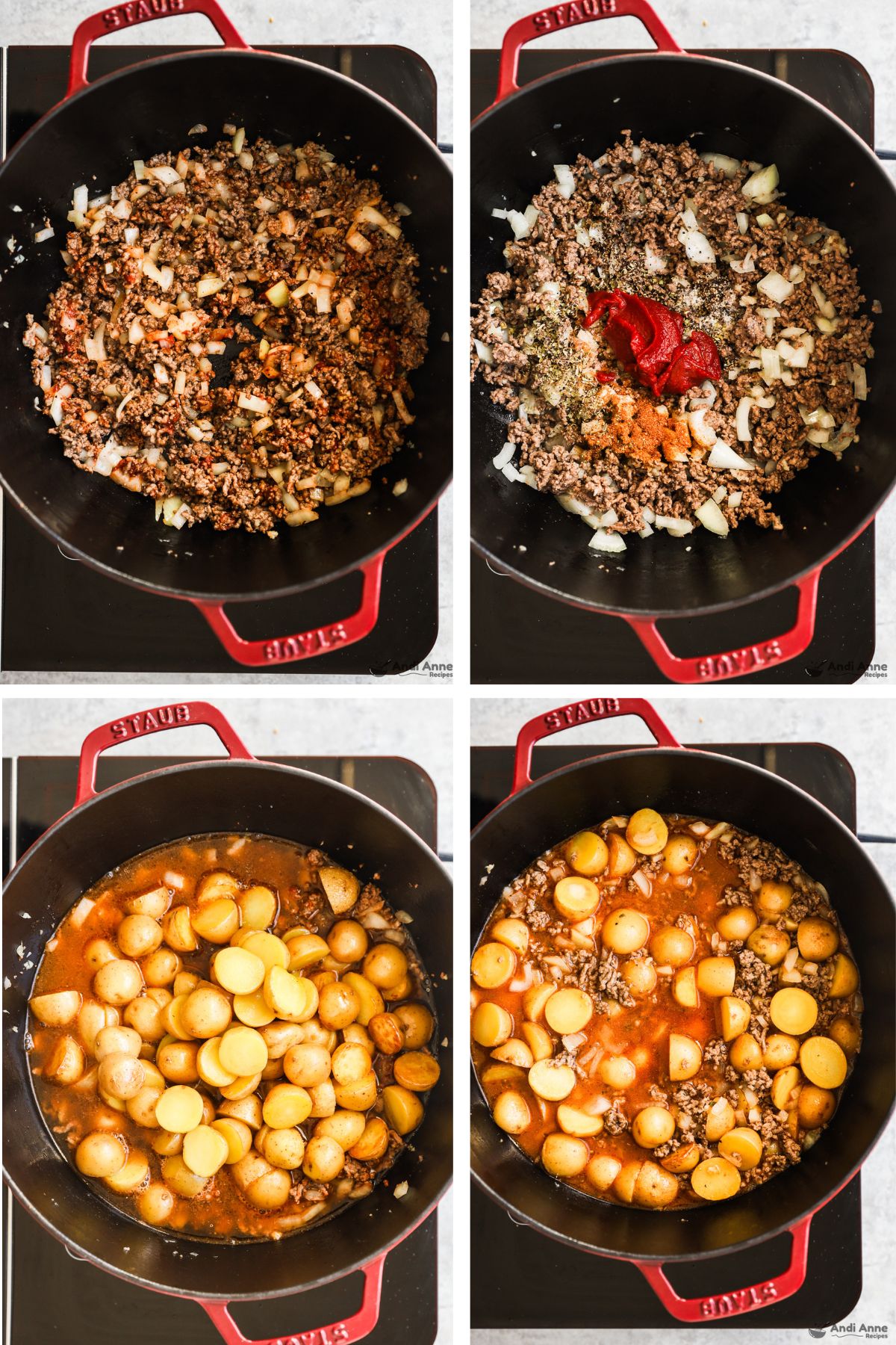 Four images grouped , first is ground beef mixture, second has tomato paste and spices added, third has broth and potatoes dumped in, last has them mixed