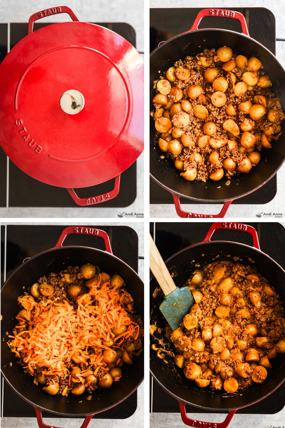 Four images grouped, first is red pot with lid, second is pot with ground beef, third has shredded cheese on top, fourth has cheesy beef potatoes mixed together