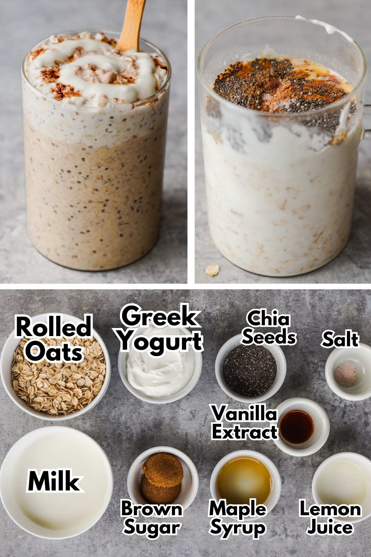 Jar of cinnamon roll oats topped with cinnamon and swirl of yogurt. Bowls of ingredients below including rolled oats, milk, yogurt, chia seeds, brown sugar, maple syrup, vanilla, salt and lemon juice