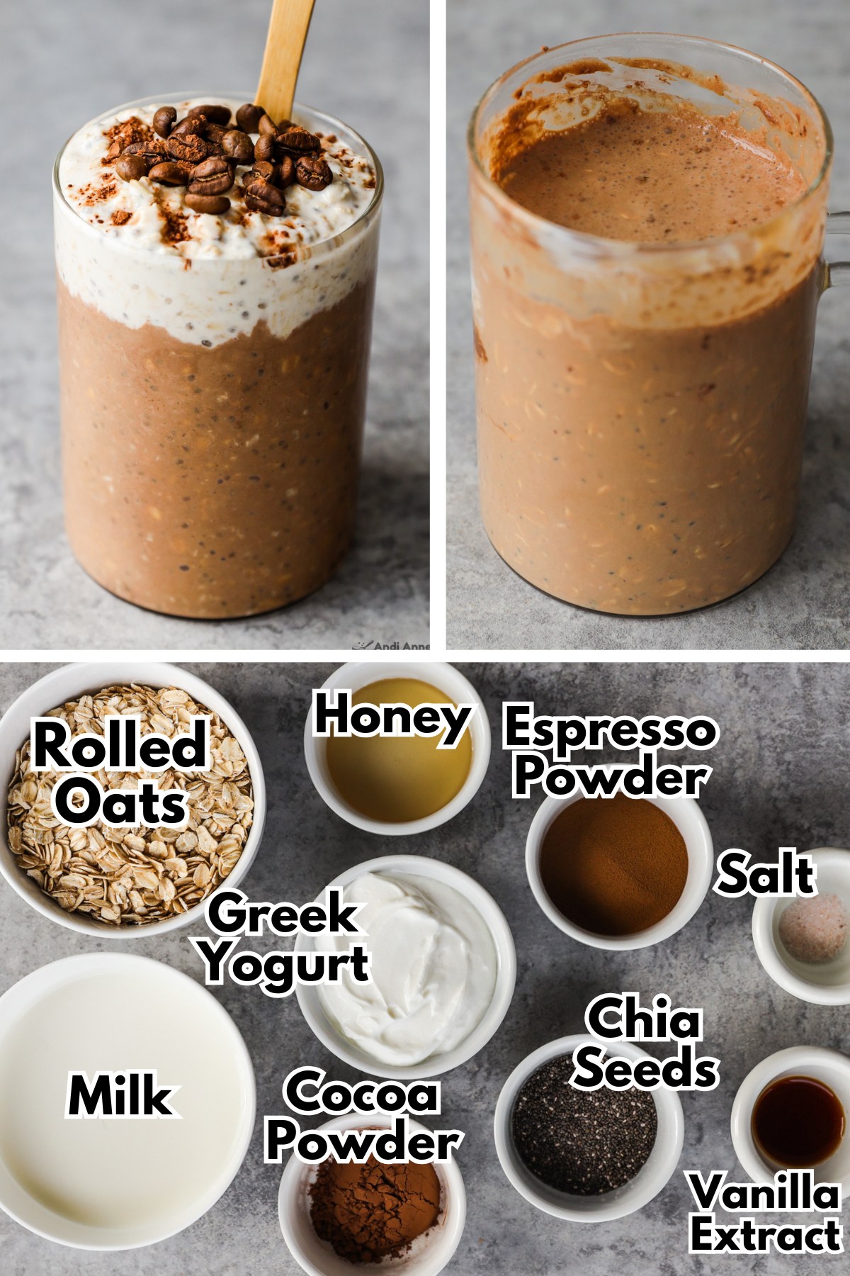 Jars of chocolate overnight oats topped with white overnight oats and then some coffee beans for garnish. Below are bowls of ingredients including rolled oats, milk, yogurt, honey, espresso powder, salt, chia seeds and vanilla