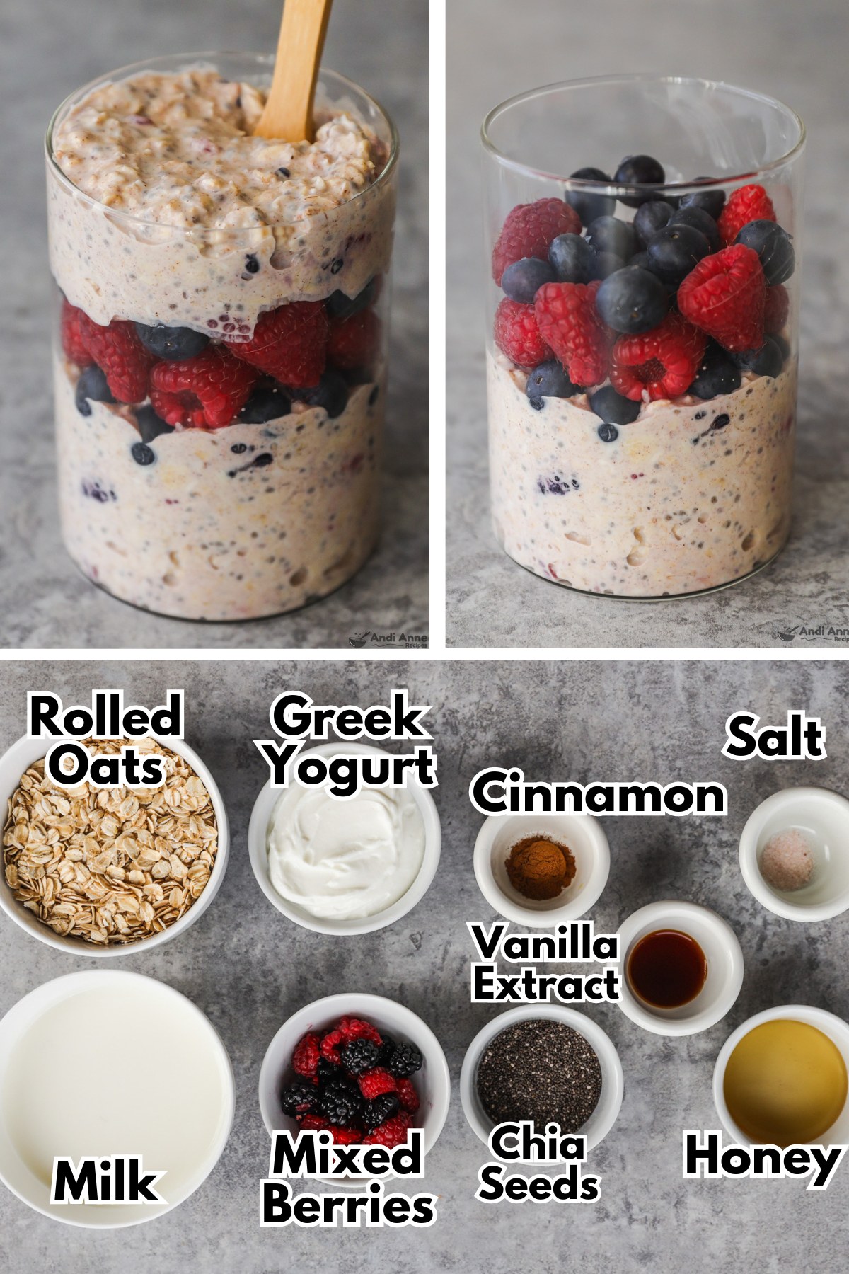 Jar of overnight oats with berries in the middle, and ingredients in bowls including rolled oats, milk, yogurt, chia sees, cinnamon, salt and honey