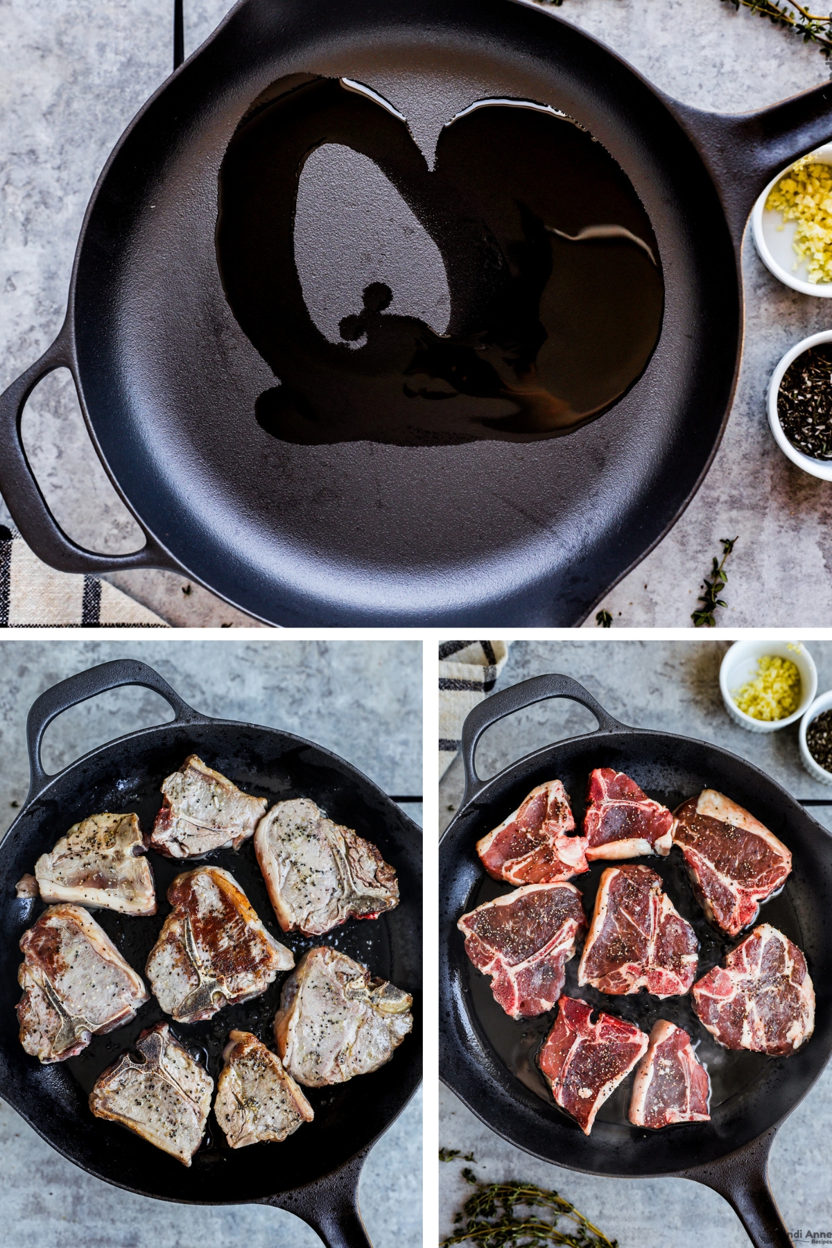 Three images grouped, first is cast iron skillet with oil, second is raw lamb chops, third is cooked lamb chops in skillet