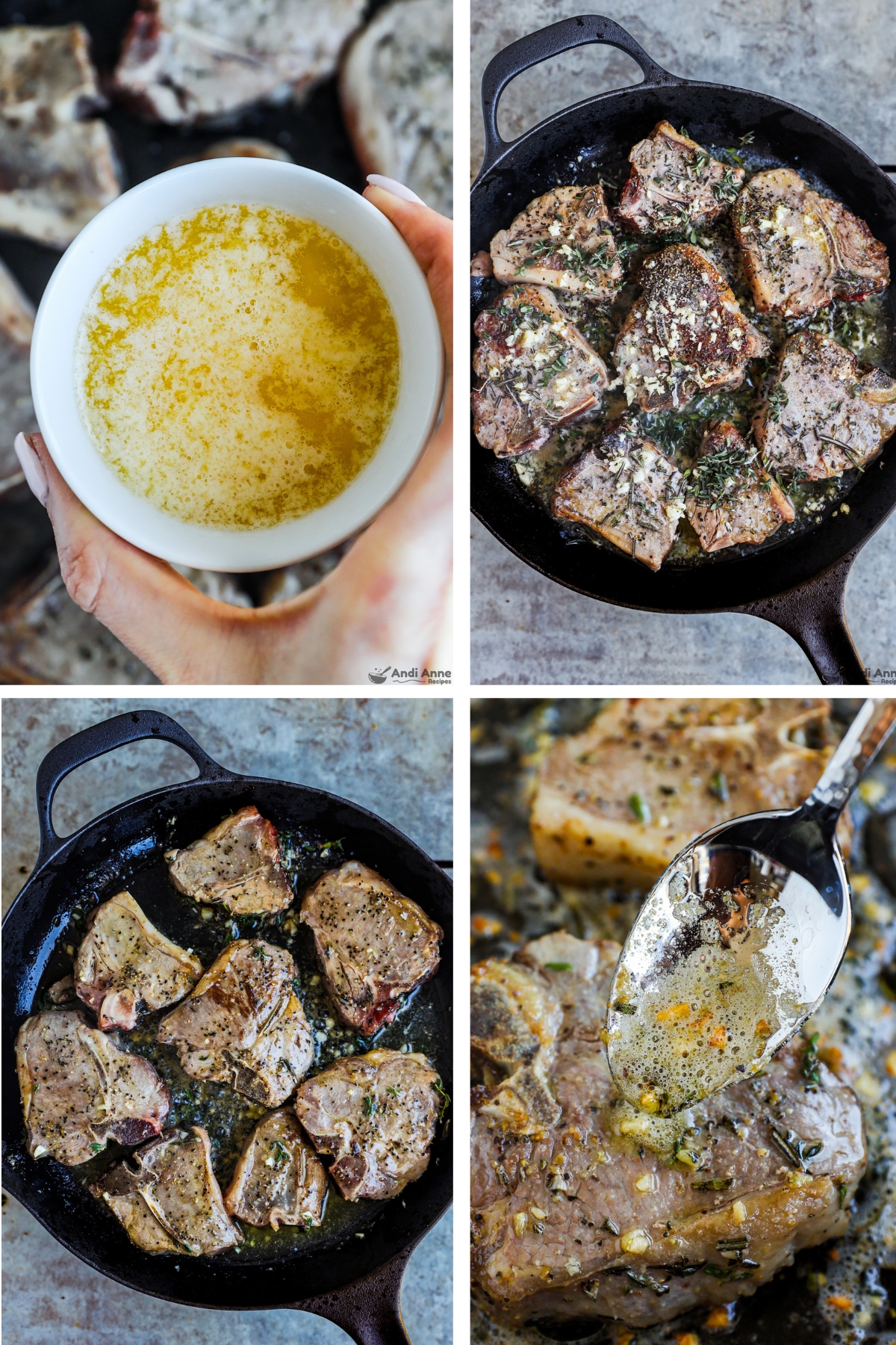 Four images, first is bowl of melted butter, second and third are lamb chops with seasonings in skillet, fourth is spoon scooping butter onto chop