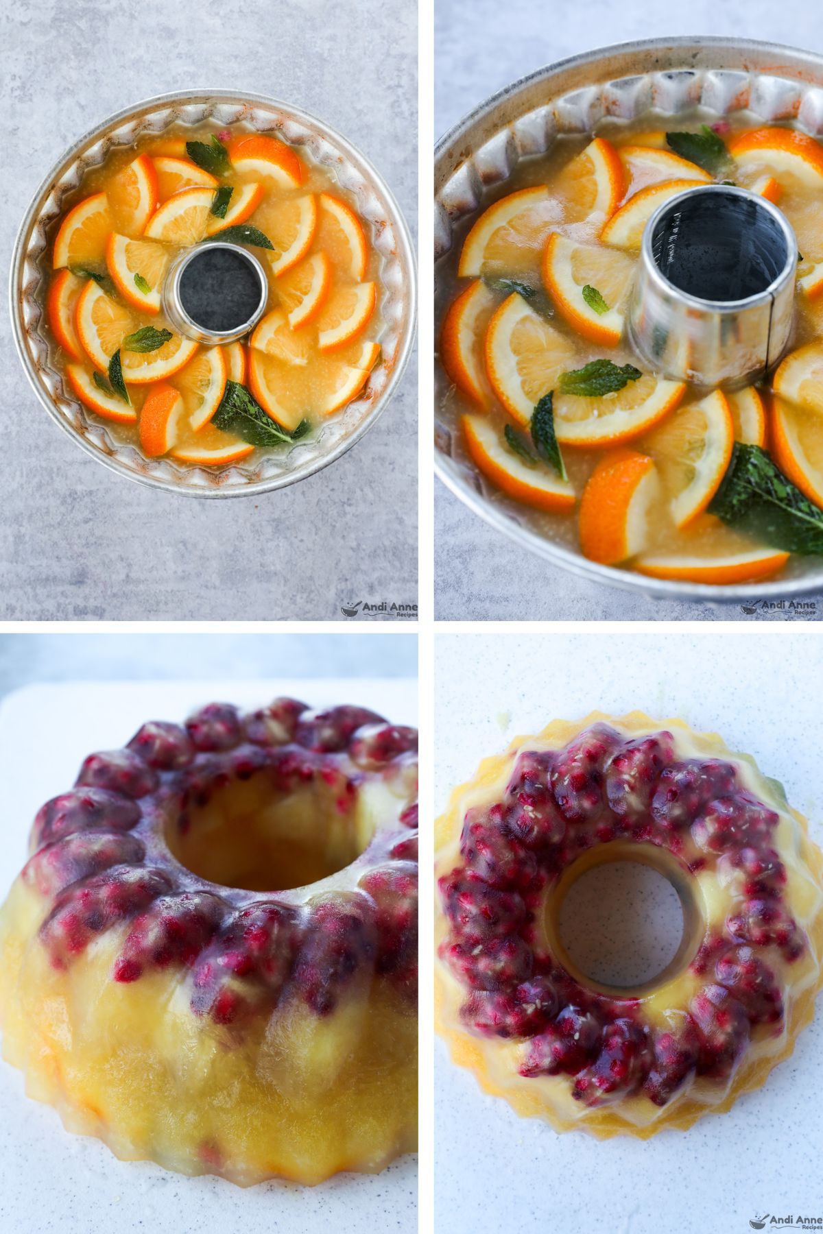 A bundt cake pan with a frozen ice cube inside filled with orange slices and mint leaves. Then the large frozen cube popped out and you can see the pomegranate seeds and orange liquid all frozen together.