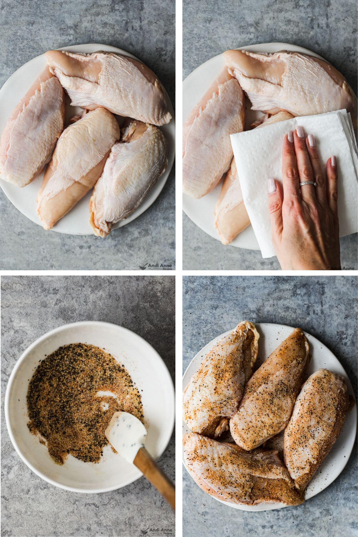 Four images grouped together, first two raw chicken on plate, second hand patting it with paper towel, third a bowl of spices, fourth the raw chicken coated in spices.