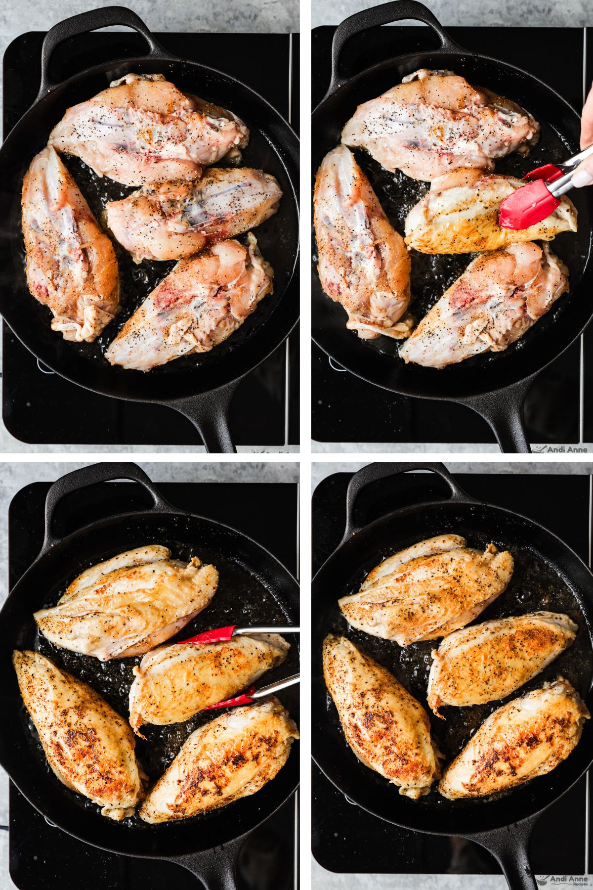 Four images grouped of a frying pan with 4 bone in chicken breasts searing on both sides - in various stages of cooking.